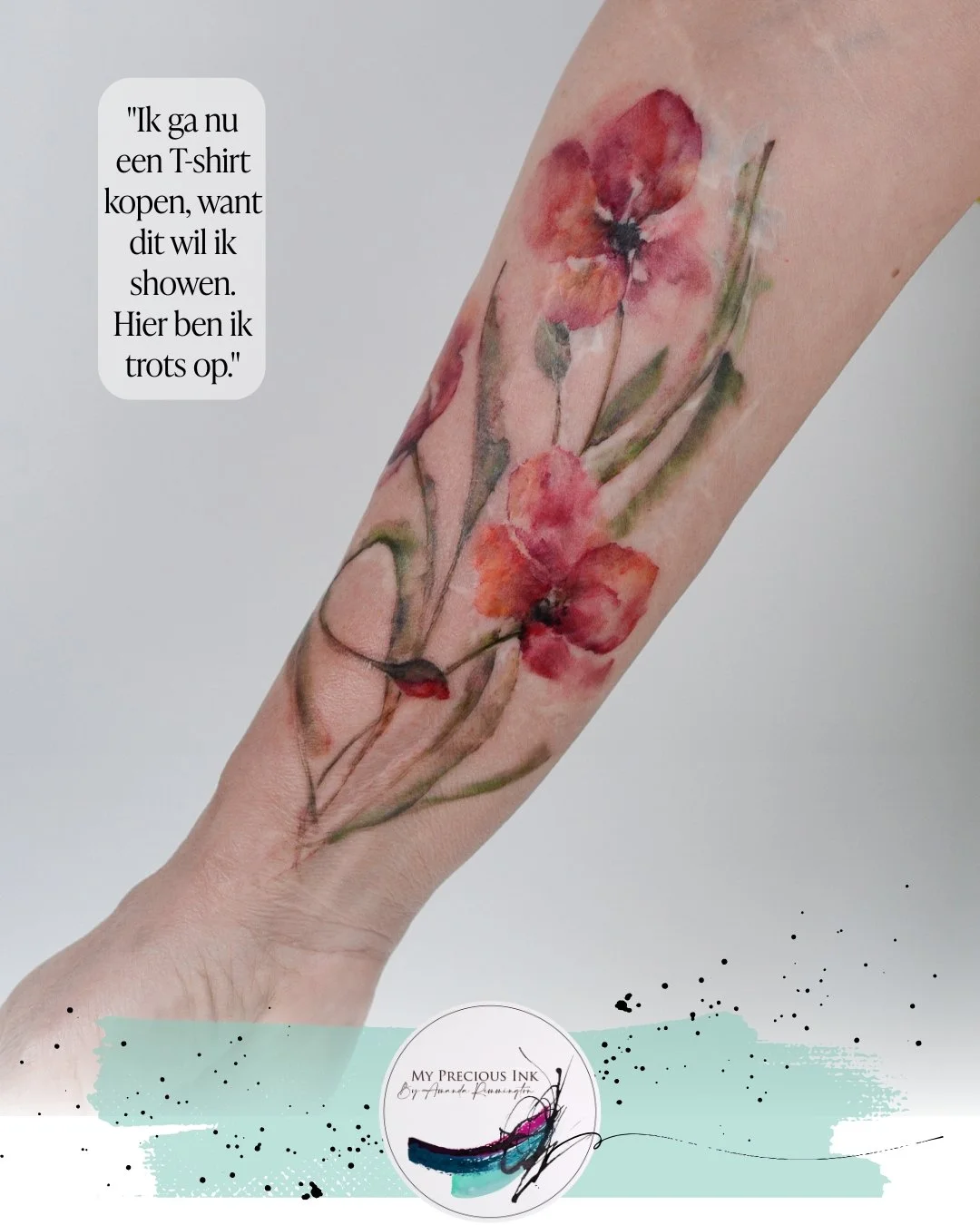 Sommige verhalen hoef je niet meer te verbergen.
Deze arm vertelde ooit een ander verhaal &mdash; vol littekens, pijn en stilte.
Vandaag vertelt ze over groei, kleur en kracht. 

Na de eerste  sessie zei ze :
&quot;Ik ga nu een T-shirt kopen, want di