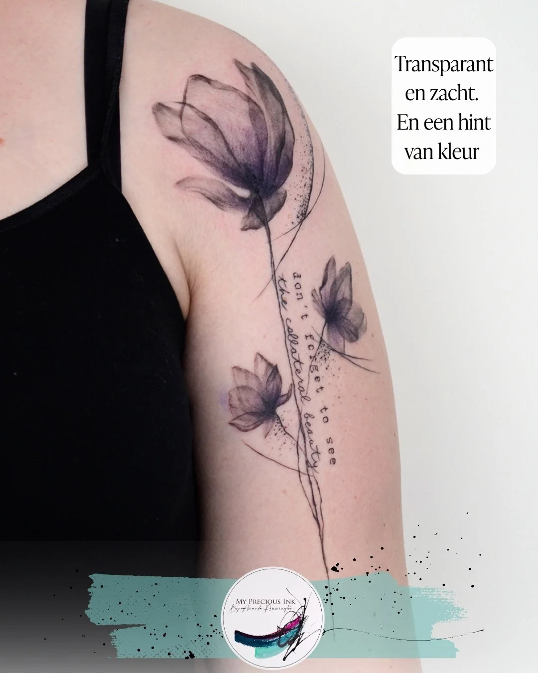 Niet hard, niet fel.
Zwart dat ademt, schaduw die beweegt,
en een zachte toon paars die blijft hangen in het licht.
Eenvoud in zijn meest verfijnde vorm.

My Precious Ink - Art that stays.

#tattooart #aquareltattoo #watercolortattoo #kunstophuid #my