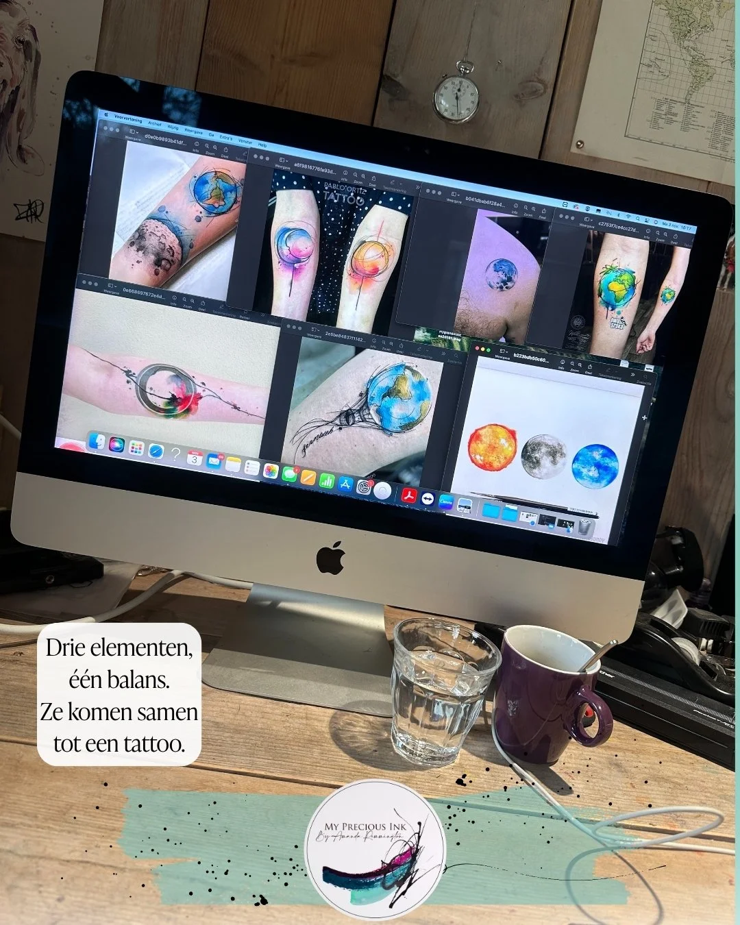 Dit moodboard is de start van een nieuw ontwerp .

Zon, aarde, maan , drie werelden, &eacute;&eacute;n lijn.
Alles draait om balans en kleur.

Benieuwd naar het resultaat ? 
Stay tuned ! 

My Precious Ink &ndash; Art that stays.
Arendonk (BE)
amanda@