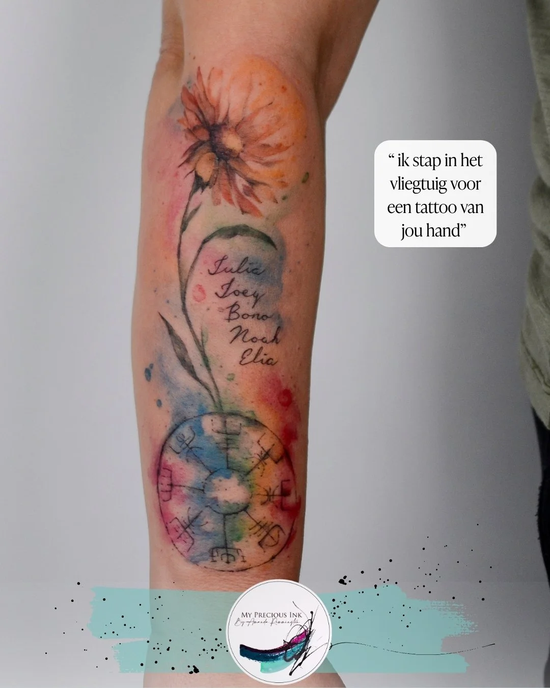 &ldquo;Ik stap in het vliegtuig voor een tattoo van jouw hand.&rdquo;

Zo begon dit verhaal.
Een goudsbloem 
Een Vegv&iacute;sir
En kleuren die samen het geheel samen voegen.

Kloppend tot een prachtige tattoo , vol van betekenis.

My Precious Ink &n