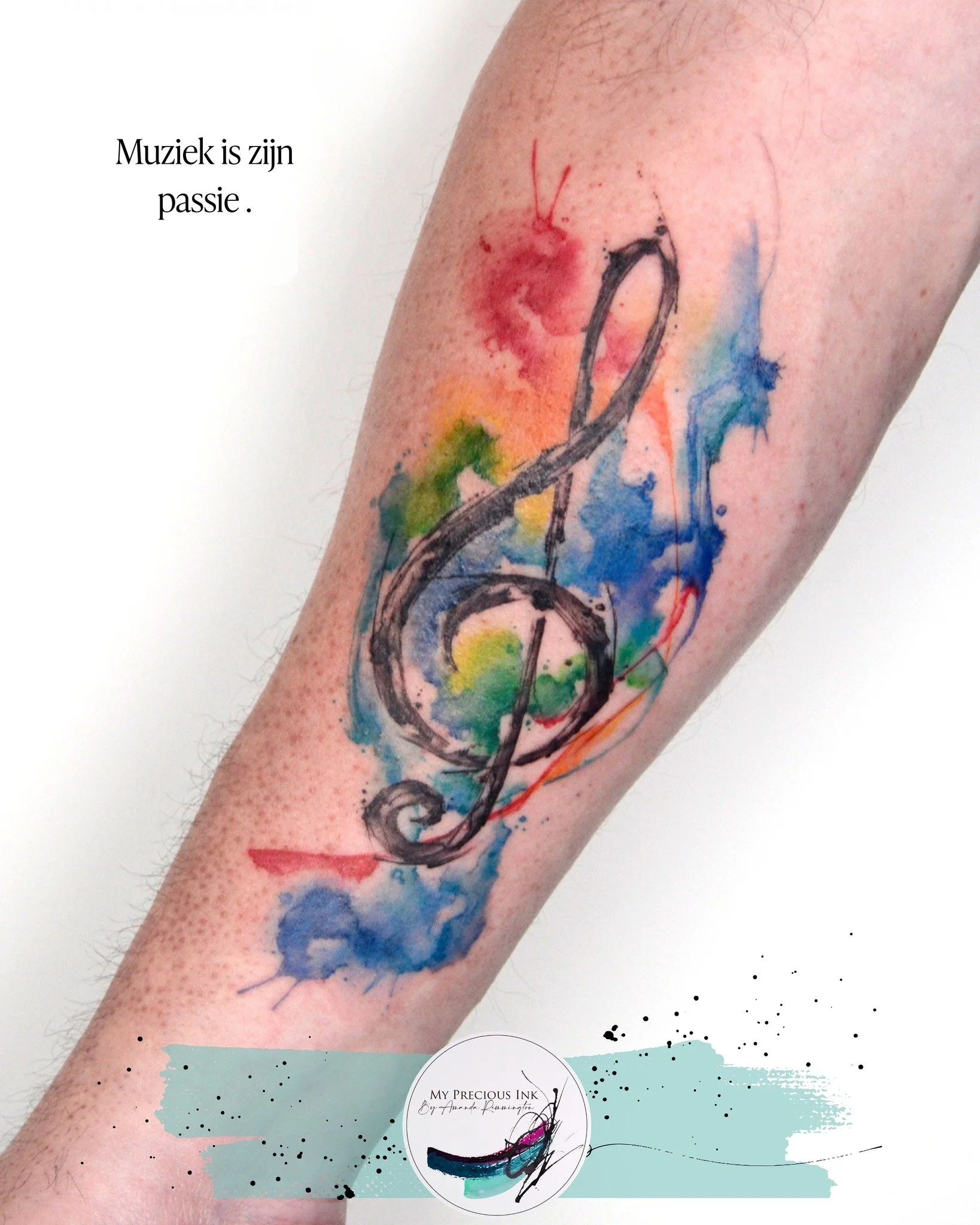 En wat is jou passie ? 

Een muzieksleutel met losse lijnen en kleuren die gewoon lekker door elkaar mogen lopen.
Geen strakke omlijning, geen harde randen juist dat vrije, speelse watercolor-effect.
Gewoon een ontwerp dat mooi werkt op de arm en de 
