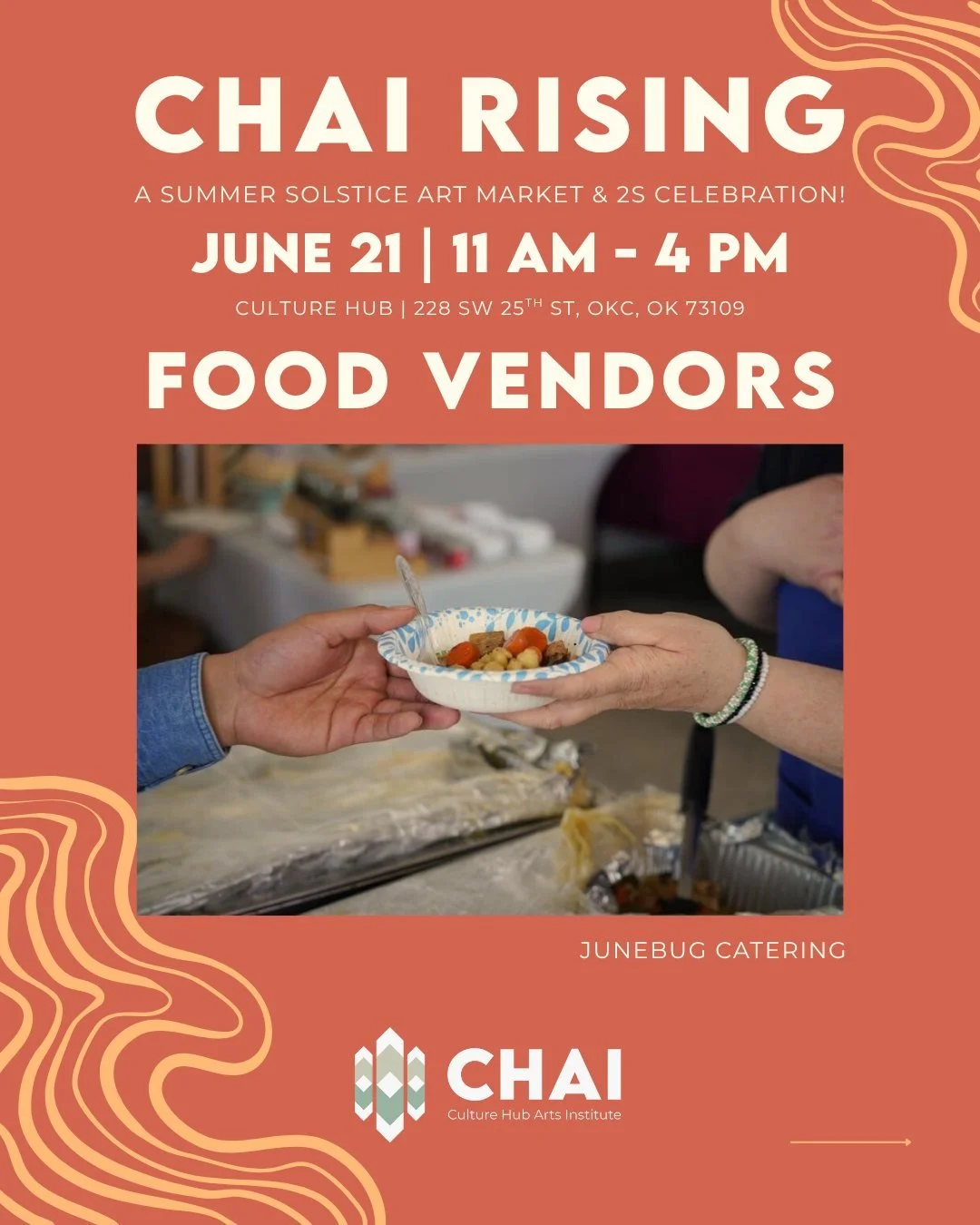 β¨ Good food, good art, good community β¨
Join us at CHAI Rising: A Summer Solstice Art Market & 2S Celebration and enjoy some delicious eats from two Indigenous-owned catering businesses we’re proud to work with year-round!
π² Junebug Cate