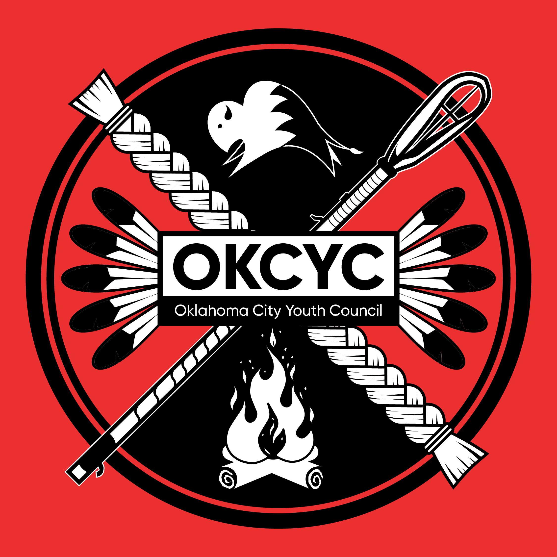 red background with the black and white logo of OKC Youth Council. Logo includes illustrations of a buffalo, feathers, fire, sweet grass, and a stickball stick. The middle of logo includes OKCYC Oklahoma City Youth Council