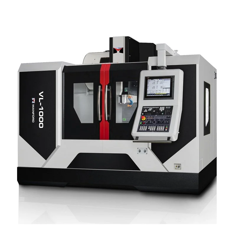 A CNC machine with a digital control panel and enclosed workspace in black, white, and red colors.