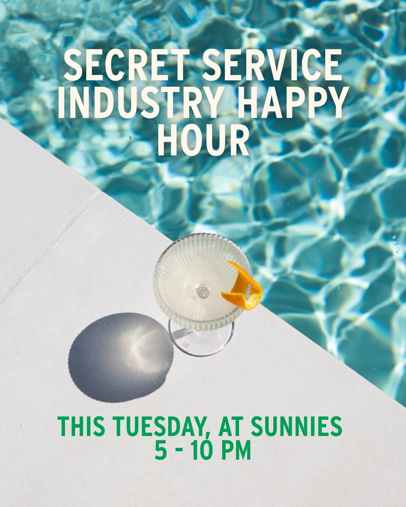 We don&rsquo;t usually do Tuesdays - but this week is different! Join us for a Secret Service Industry Happy Hour from 5 - 7pm. (Secret&rsquo;s out: it&rsquo;s open to all.) Or just us after for dinner and adult swim till 10pm 🛟 Sponsored by our fri