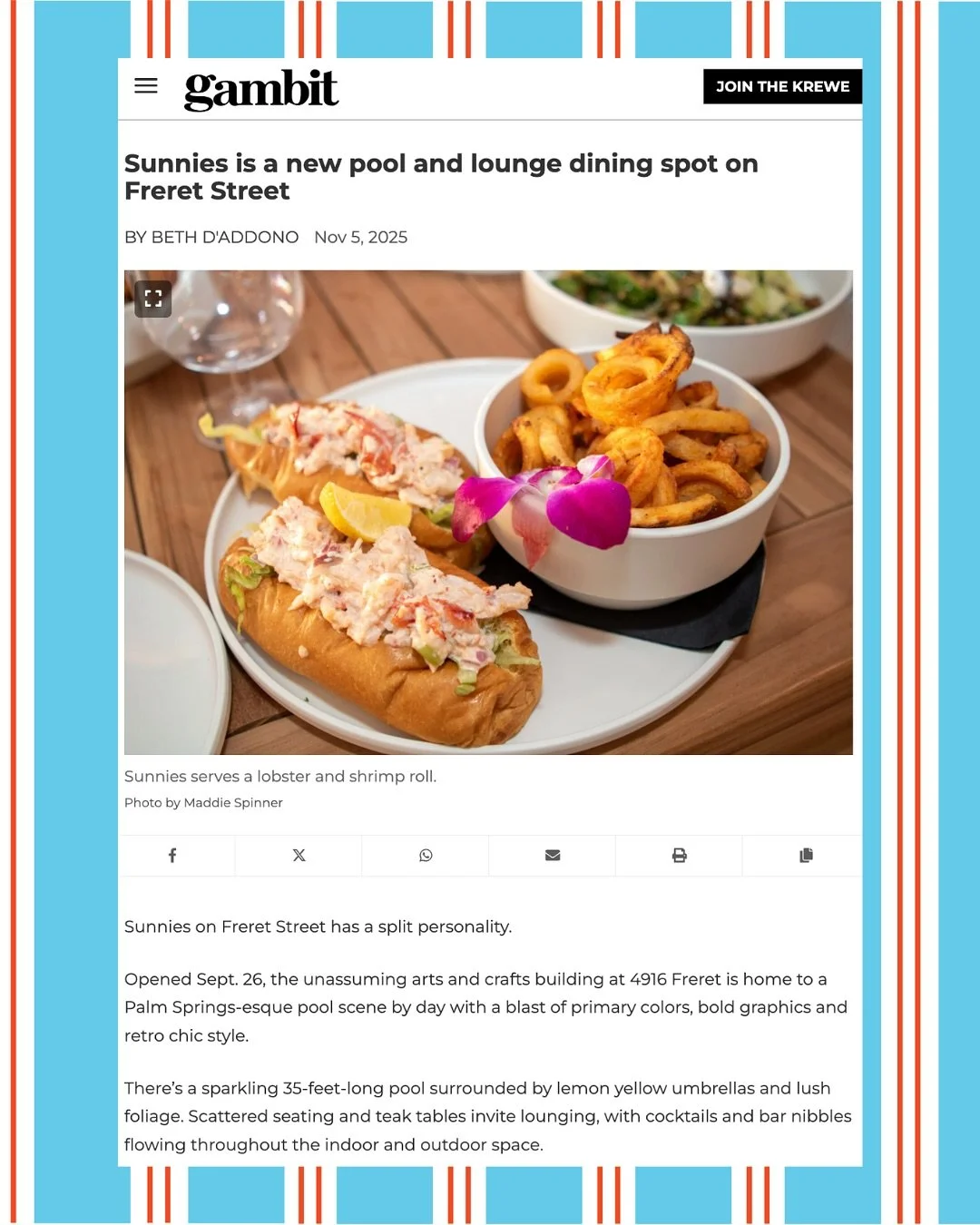 Big thanks to @gambitneworleans and @bethdaddono for the feature! Read the full story via the link in our bio, then come check us out on this sunny day. ☀️