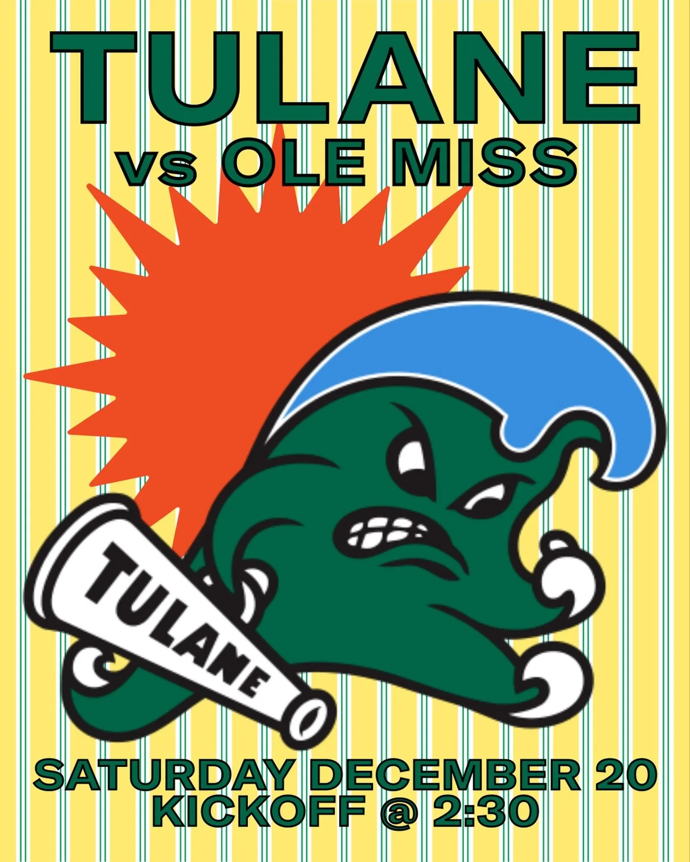 Tulane fans, this one&rsquo;s for you. 💚🌊
We&rsquo;re starting happy hour at 2 PM this Saturday for anyone in Tulane gear. Kickoff&rsquo;s at 2:30 PM as Tulane takes on Ole Miss in the College Football Playoffs. Come raise a glass, catch the game, 