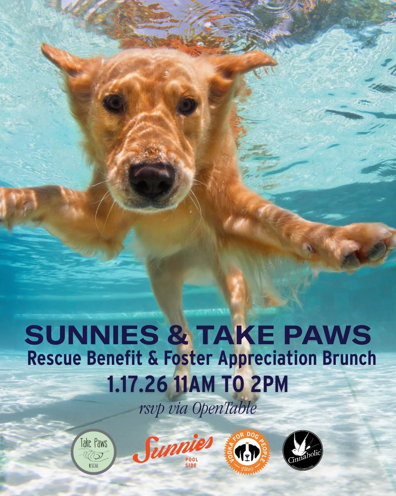 This Saturday at Sunnies, we&rsquo;re kicking off carnival season with a feel-good Rescue Benefit &amp; Foster Appreciation Brunch in partnership with @takepawsrescue. Expect great food, flowing bubbles, live music, and a lineup of adoptable pups rea
