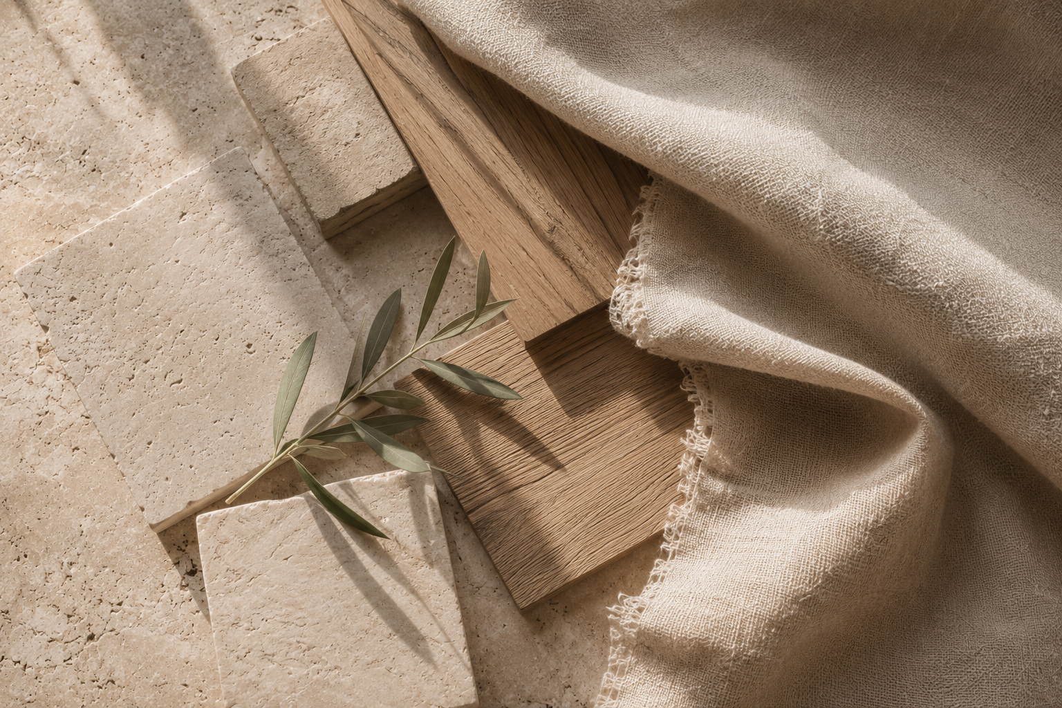 Materialkonzept mit Holz, Naturstein, Textilien und Farbmustern für ein individuelles Interior Design Projekt.