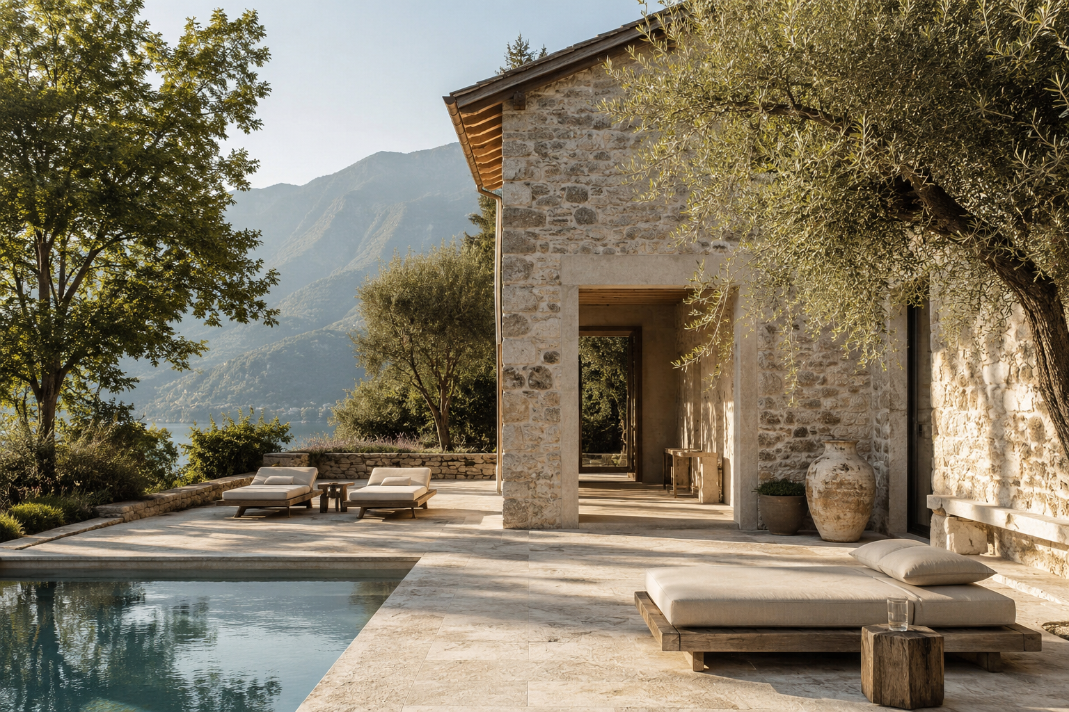 Mediterrane Sommerresidenz Casa Lumi mit Natursteinfassade, Pool, Olivenbaum und Bergblick im Tessin.