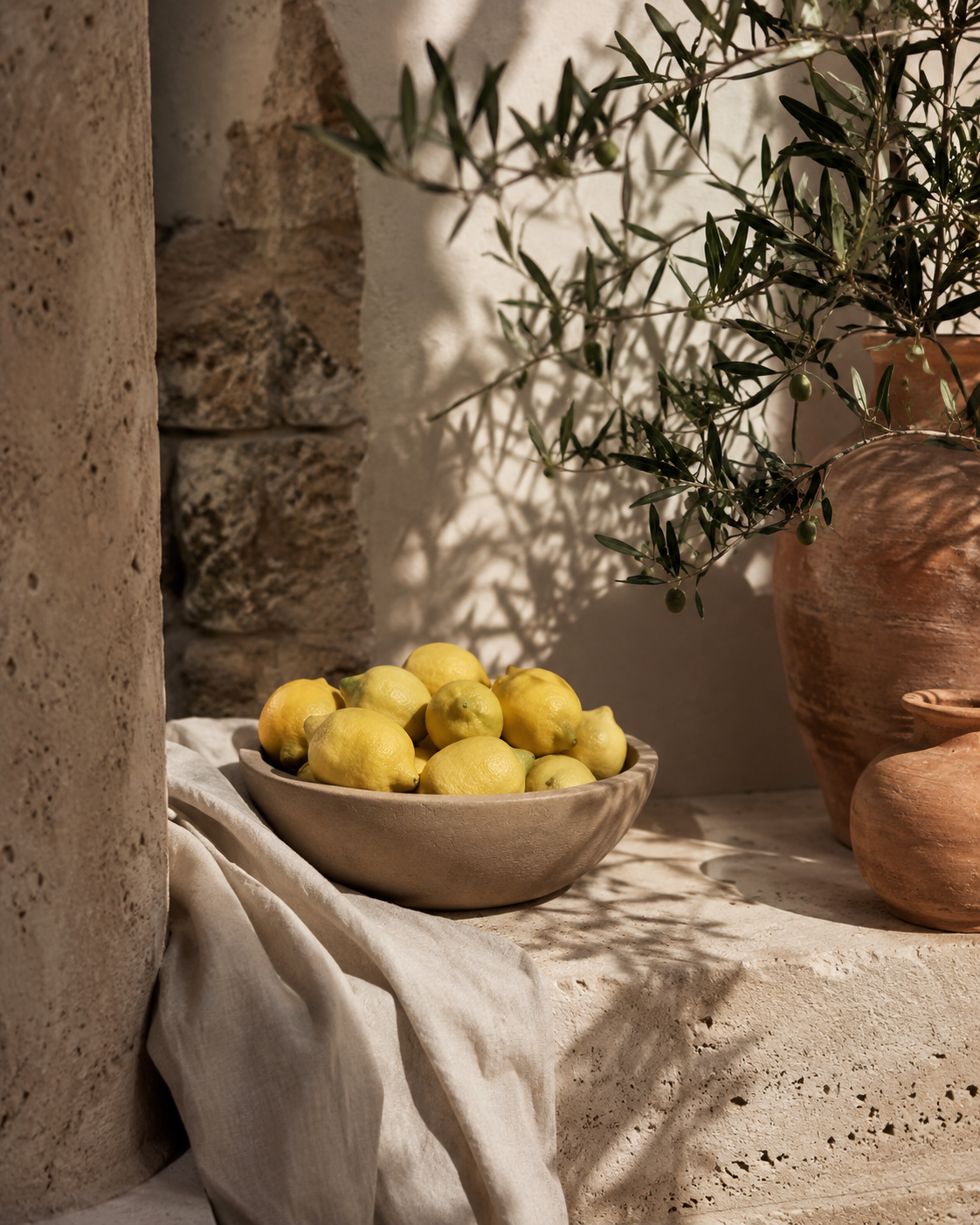 Mediterranes Stillleben mit Zitronen, Olivenzweigen, Leinen, Terrakotta und Naturstein für Casa Lumi.