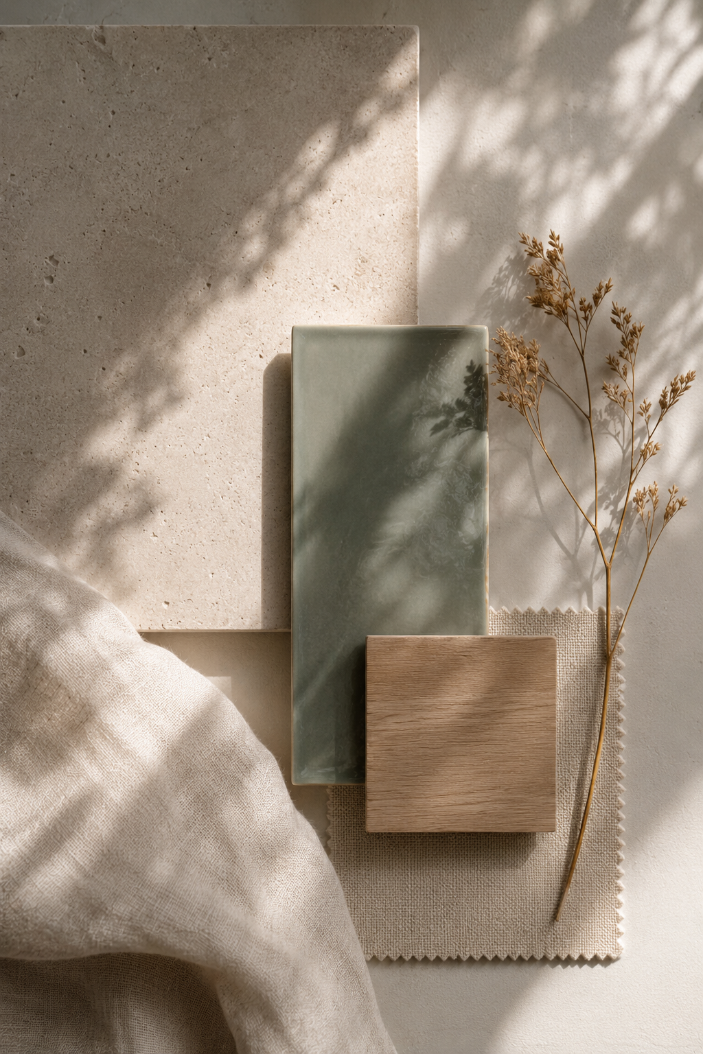 Materialboard mit Naturstein, heller Eiche, Leinenstoff und grüner Keramikfliese als Inspiration für ein modernes Interior Design Konzept mit natürlichen Materialien.