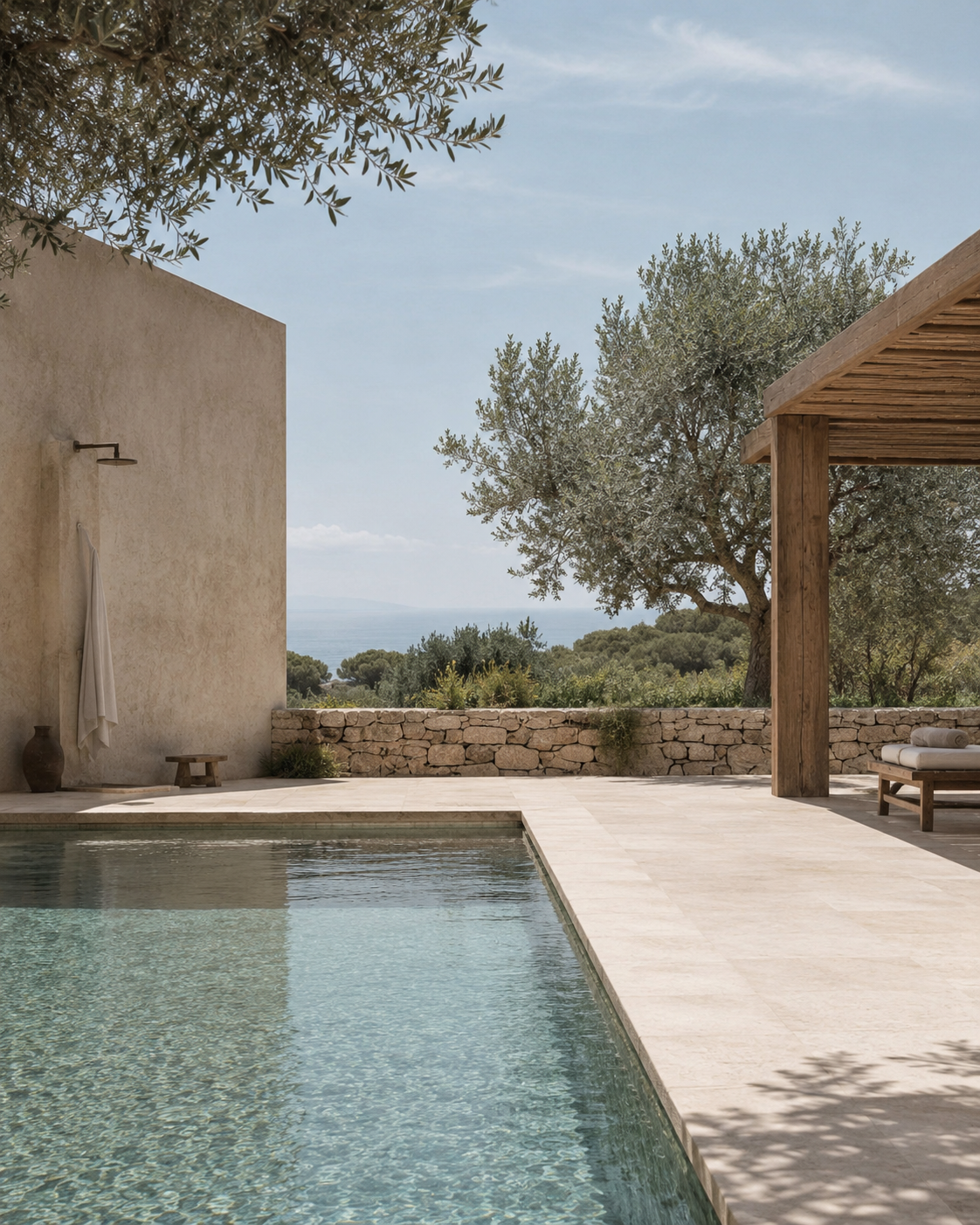 Mediterraner Poolbereich von Casa Lumi mit hellem Naturstein, Olivenbäumen, Pergola und Blick auf die Landschaft im Tessin.