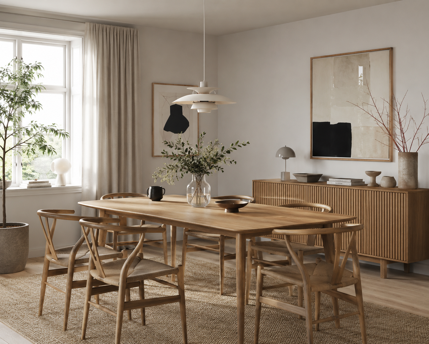 Skandinavisches Esszimmer mit hellem Holztisch, Designerstühlen, farbigen Wohnaccessoires, Kunstobjekten und dänischem Interior Design.