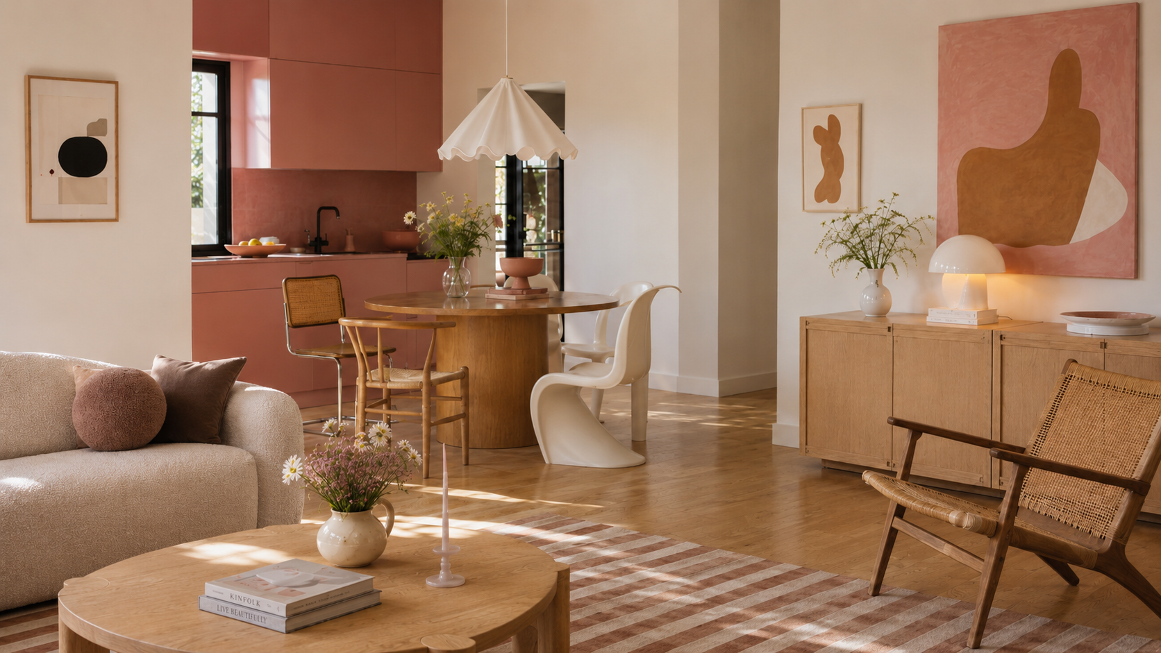 Heller Wohnraum im skandinavisch-artsy Stil mit warmem Holz, sanften Farben, Designmöbeln und Kunst von Mexicola Living.