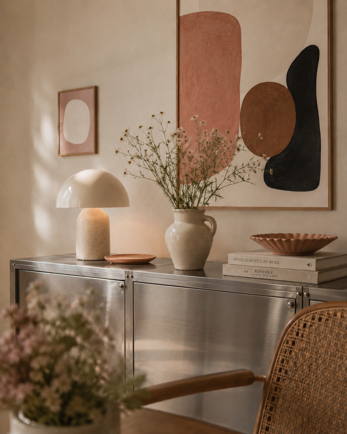 Interior Design Detail mit silbernem Chrome-Sideboard, abstrakter Kunst, Keramikvase, Blumen und warmen Naturtönen von Mexicola Living.
