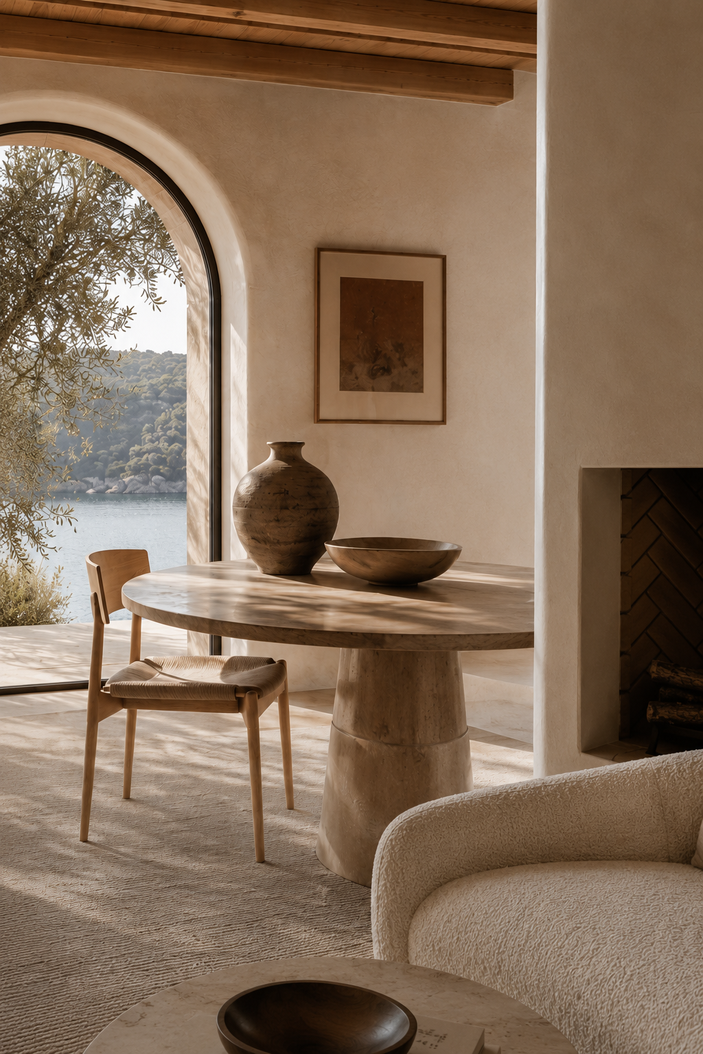 Moodbild für Casa Lumi mit rundem Esstisch, organischen Formen, natürlichen Materialien und mediterraner Leichtigkeit.