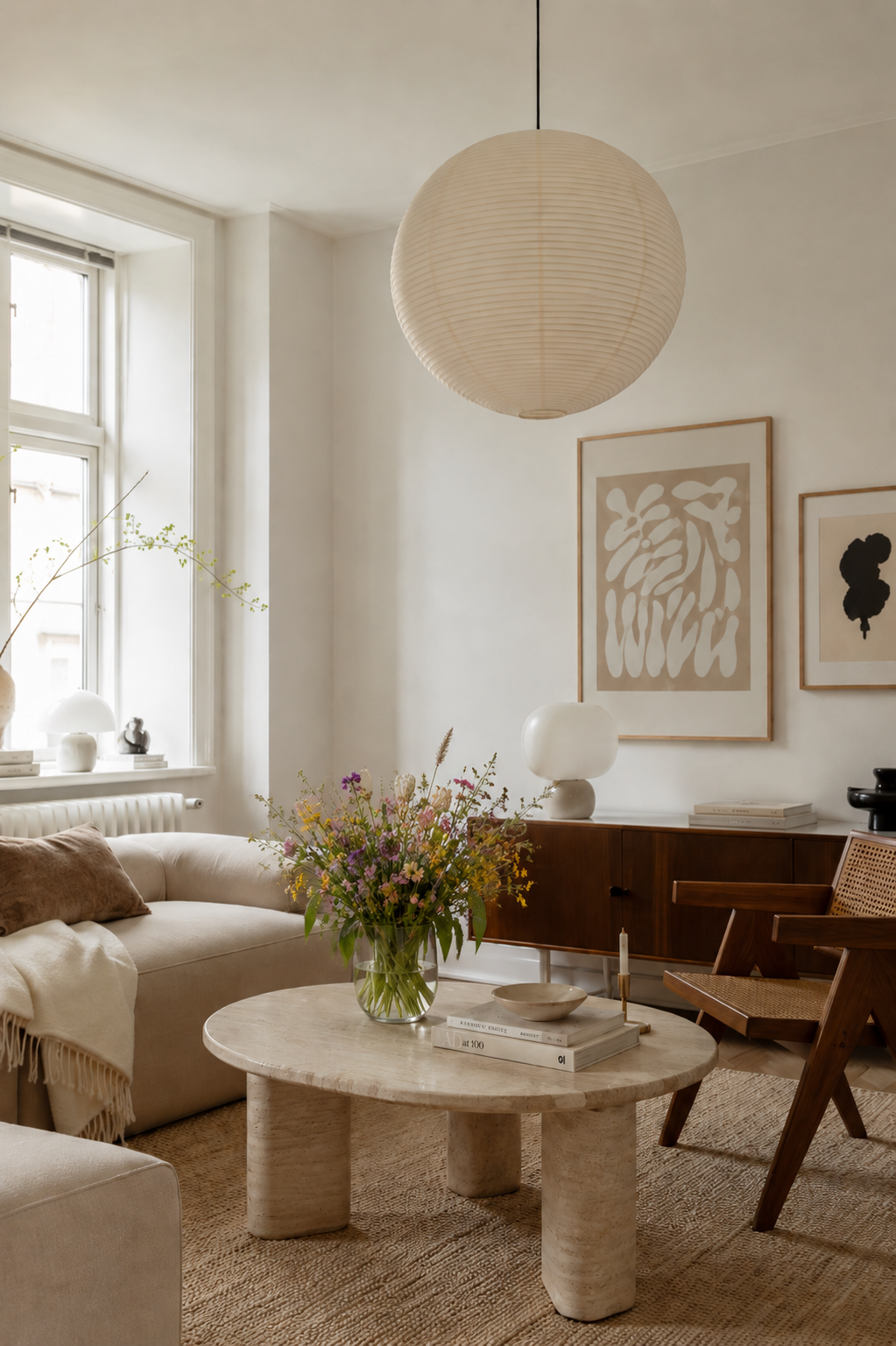 Helles Wohnzimmer mit organischen Formen, natürlichen Materialien und zeitlosem Interior Design im skandinavischen Stil.