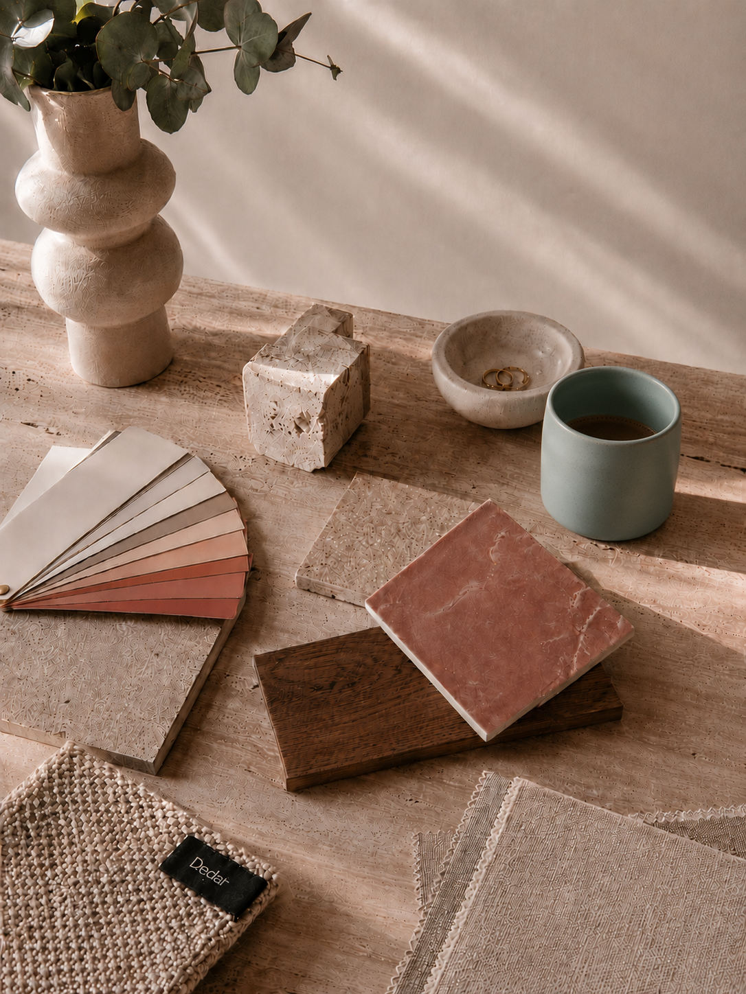 Moodboard für ein Interior Design Projekt von Rebecca Morgenthaler mit natürlichen Materialien, sanften Farben und zeitloser Raumgestaltung.