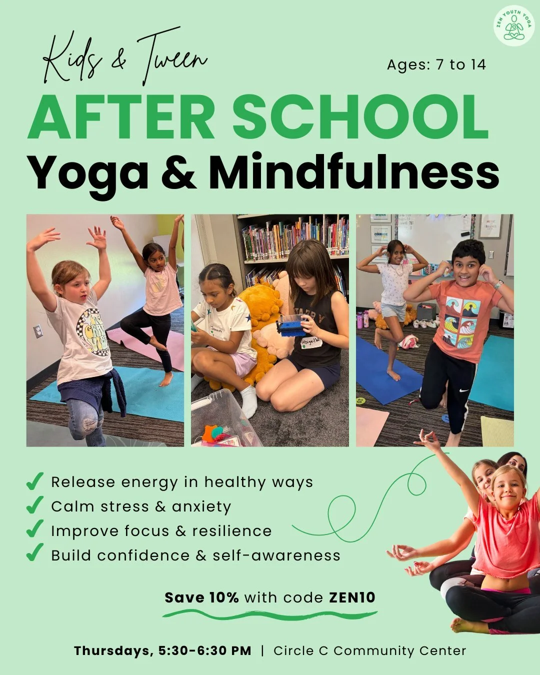 Thursdays = yoga time 🧘&zwj;♀️ Ages 7&ndash;14!

Give your child the tools they need to thrive after a long school day:
🌿 Movement to release energy &amp; tension
🧘&zwj;♀️ Breathing practices to manage stress &amp; anxiety
💛 Mindfulness for focus