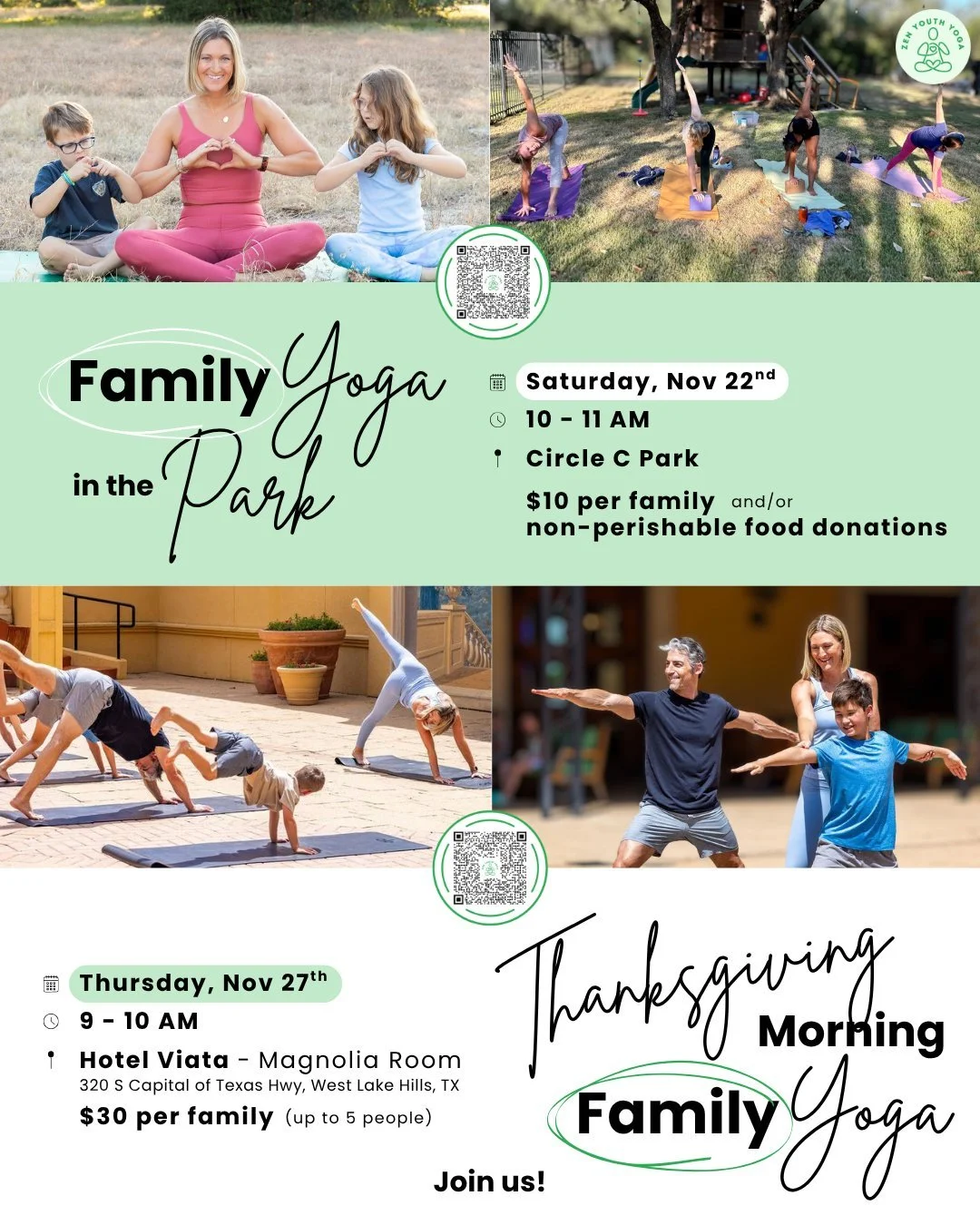 🧘&zwj;♀️ Flow with Gratitude This November! 
Two special family yoga events to celebrate movement, mindfulness, and giving back. 🧡

🌿 Sat, Nov 22 &mdash; Family Yoga &amp; Food Drive
Join us for a Thanksgiving Family Yoga &amp; Craft class! We&rsq