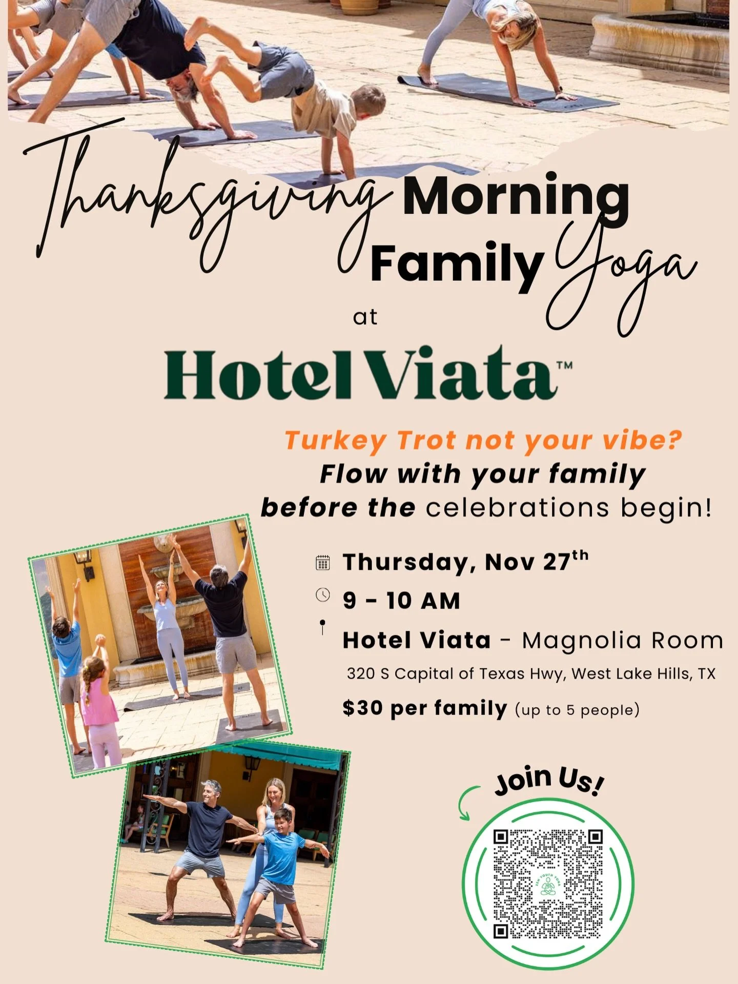 🧘&zwj;♀️ Skip the Turkey Trot &amp; flow into gratitude instead.
Join us for Thanksgiving Morning Family Yoga at Hotel Viata &mdash; a joyful way to move, breathe, and connect before the feast begins 🤍

$30/family up to 5 ppl
Sign-up link in bio or