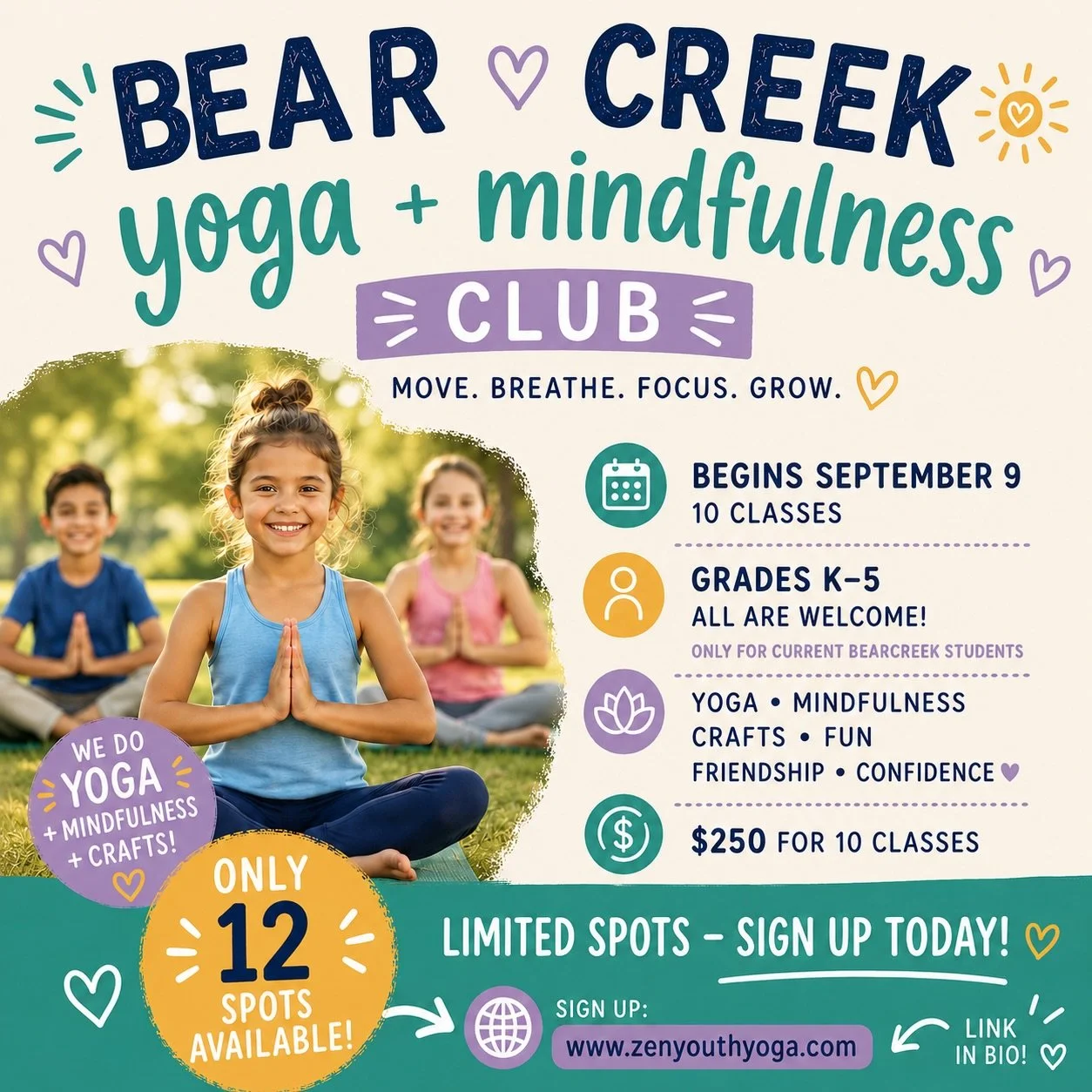 🧘&zwj;♀️✨ Bear Creek Yoga + Mindfulness Club is BACK! ✨🧘

Beginning September 9, Bear Creek students in grades K&ndash;5 can join us after school for 10 weeks of yoga, mindfulness, crafts, connection &amp; FUN! 🌈🧘&zwj;♂️🎨

💜 10 classes
🎨 Yoga 