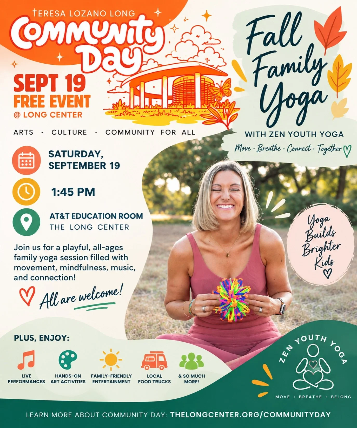 🍂 Fall Family Yoga is coming to Community Day! 🧘&zwj;♀️🌈

Join me this Saturday, September 19 at the Long Center&rsquo;s FREE Teresa Lozano Long Community Day! I&rsquo;ll be leading a playful Fall Family Yoga class filled with movement, mindfulnes