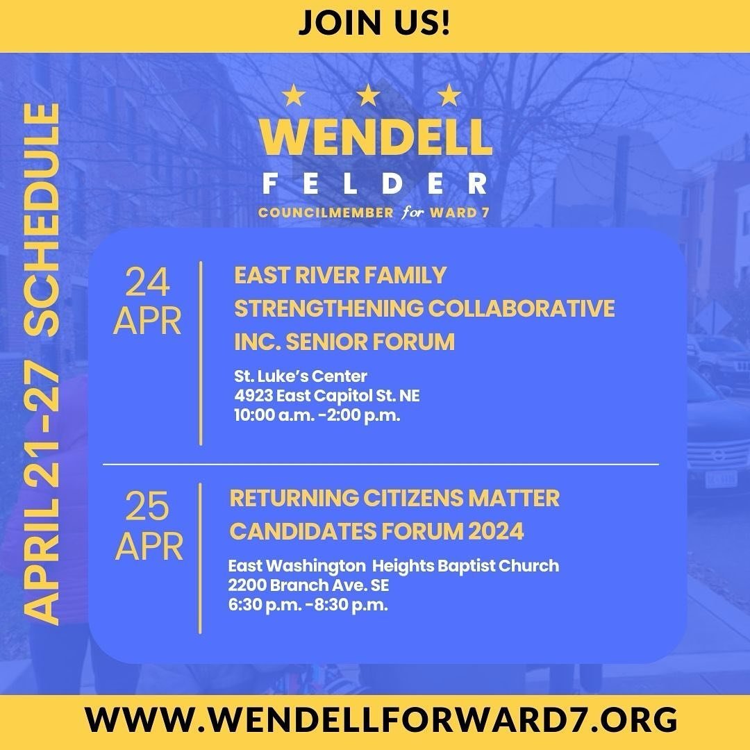 Keep up with the campaign! Join us for this week&rsquo;s events.

4/24 @erfscward7dc Senior Forum 

4/25 @ronaldmoten @dontmutedc Returning Citizens Matter Candidates Forum 

Don&rsquo;t miss this opportunity to meet the candidate! 

#DC #DontMuteDC 