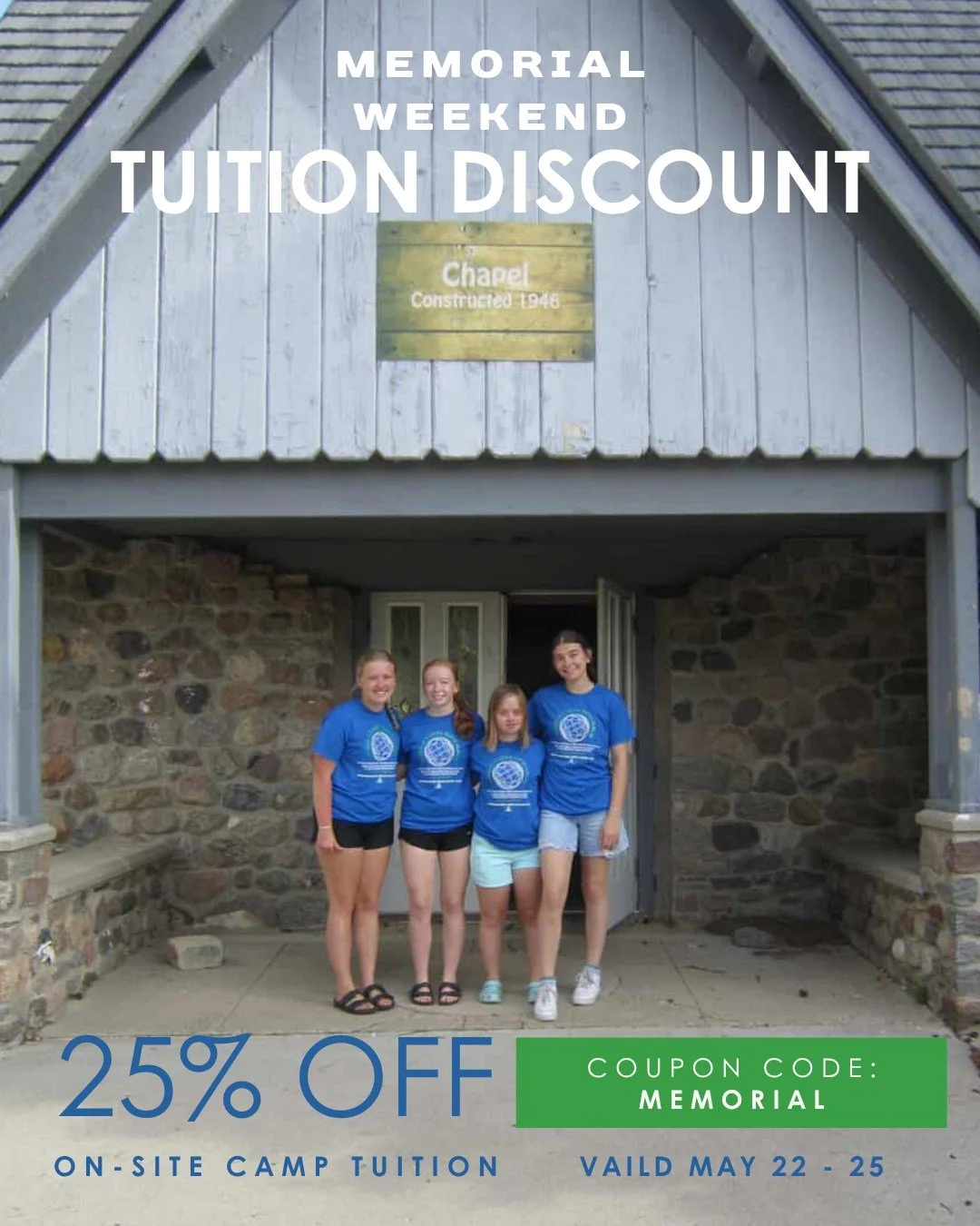 Memorial Day Weekend means camp season is almost here!☀️🏕️ There&rsquo;s still time to make your summer plans at Springbrook Bible Camp.

Now through May 25, use code MEMORIAL to get 25% off all on-site camp tuition! Don&rsquo;t miss your chance to 