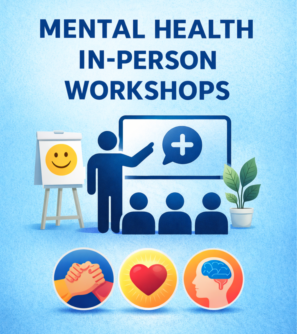 Flyer advertising in-person workshops on mental health, featuring a person pointing to a presentation board with a first aid cross, and an audience of three sitting.