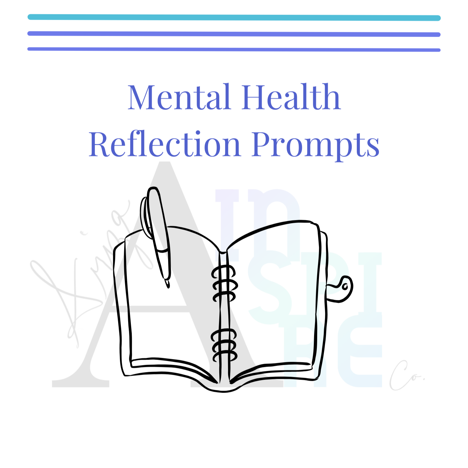 Cover page for mental health reflection prompts with an outline drawing of an open notebook and pen.