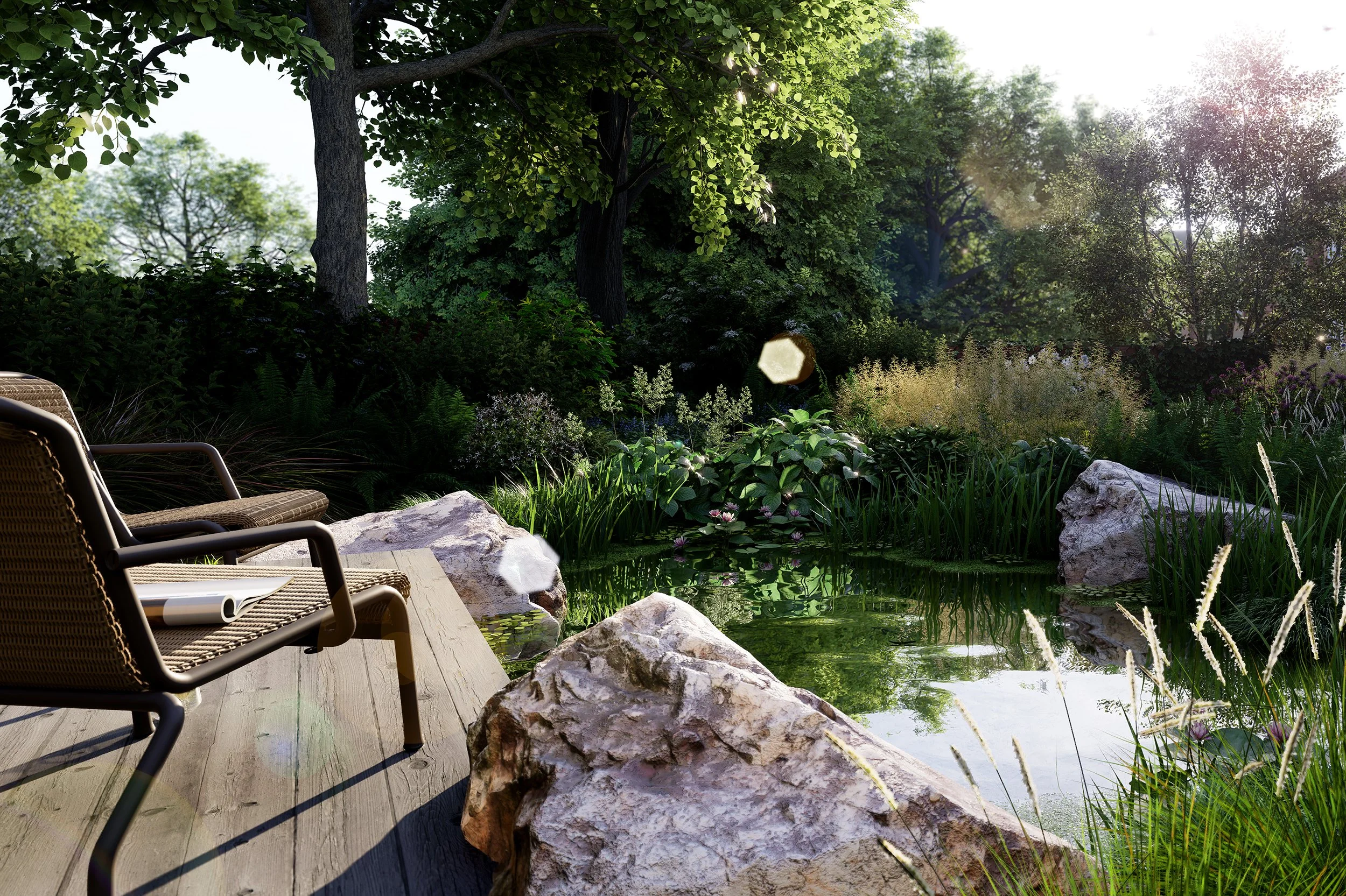 Wildlife pond garden design in Mapperley Park, Nottingham with timber decking, natural stone boulders and immersive planting creating a calm, nature-led seating area