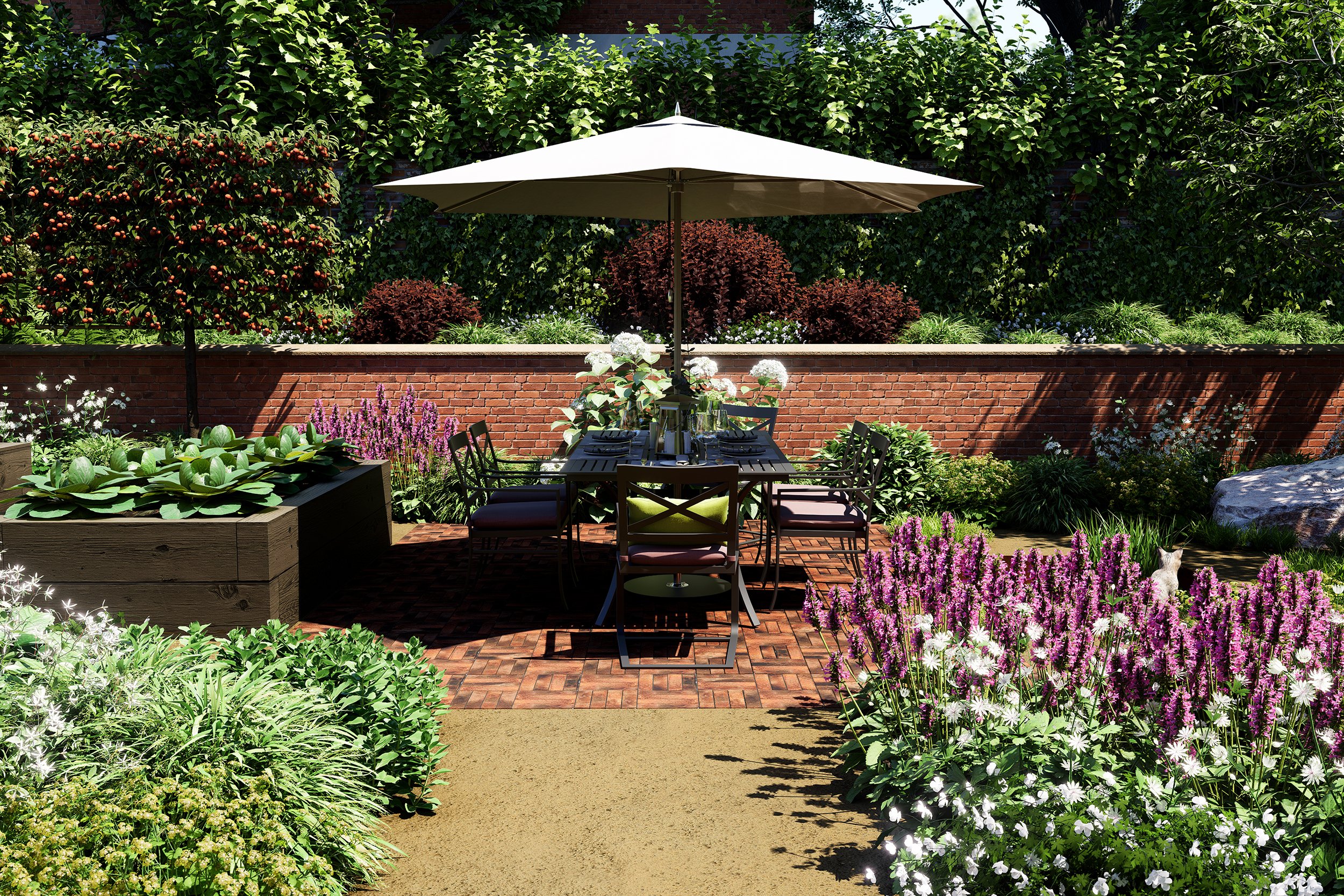 Brick terrace garden design in Mapperley Park, Nottingham combining formal hard landscaping with soft naturalistic planting and informal pathways.