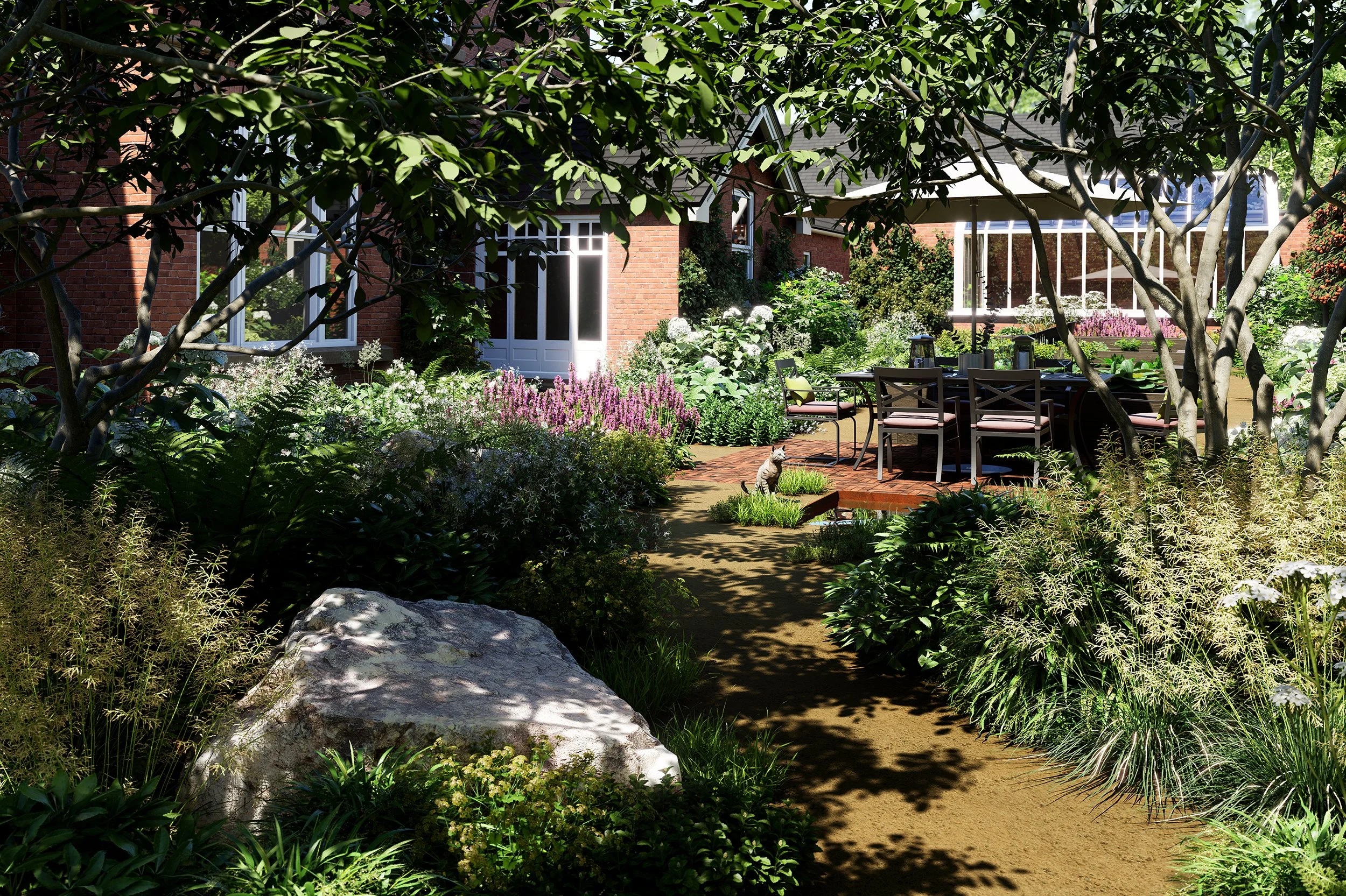 Victorian garden design in Mapperley Park, Nottingham featuring raised timber vegetable beds, a traditional greenhouse and self-binding gravel paths framed by lush planting.
