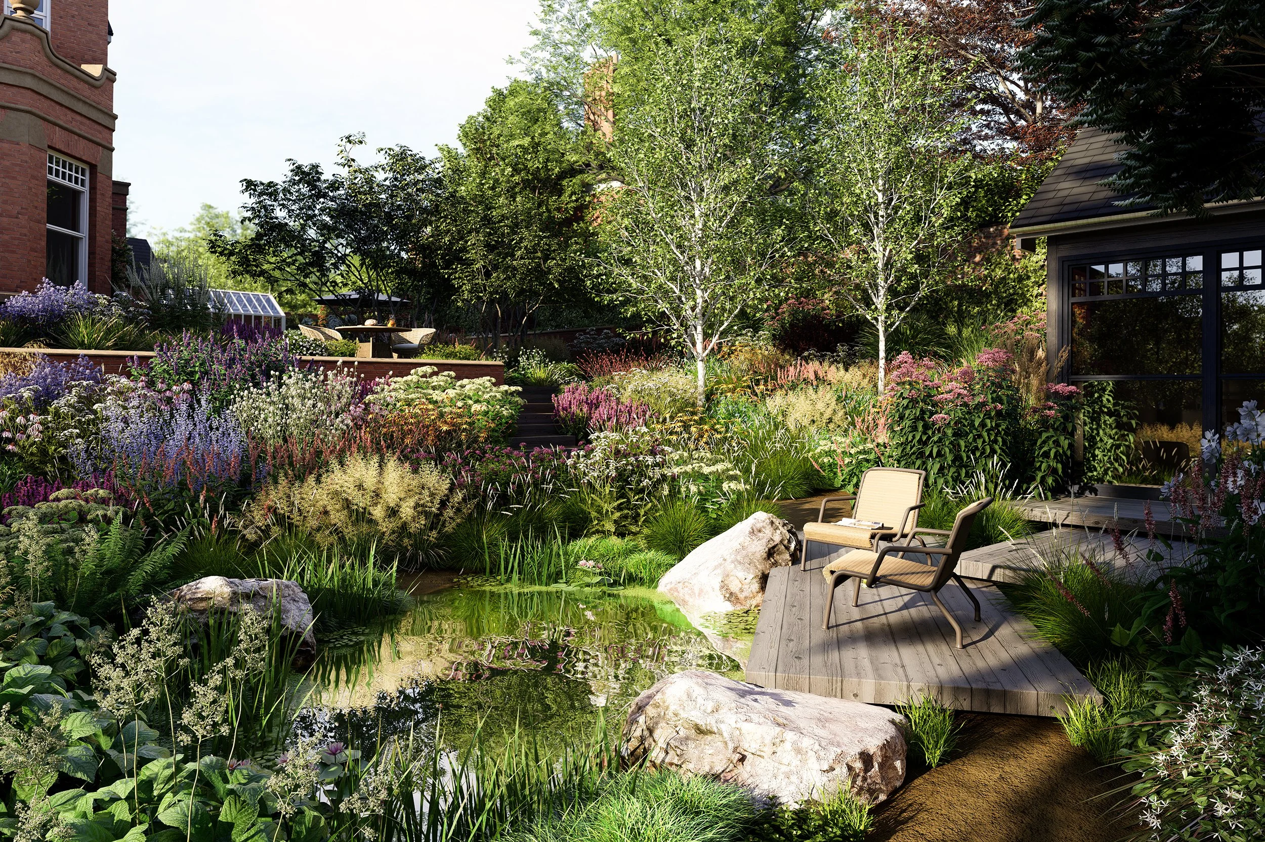 Garden design in Mapperley Park featuring a reflective pond, timber decking and relaxed seating areas surrounded by immersive planting.
