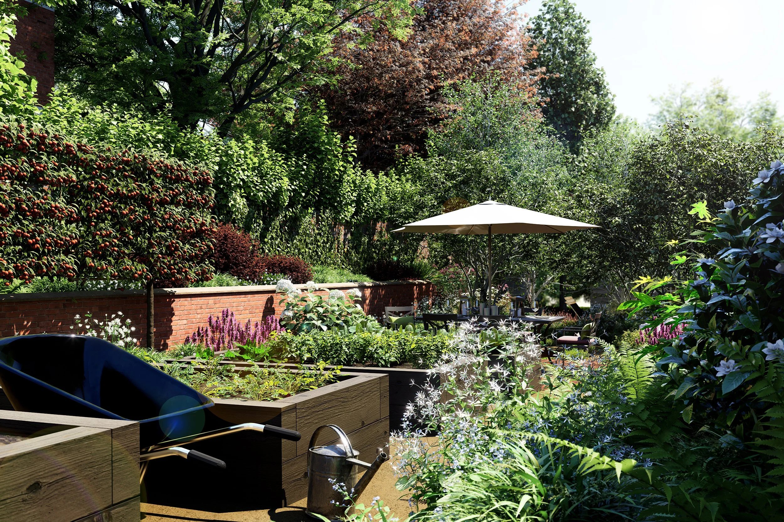 Outdoor dining terrace within a Victorian garden in Mapperley Park, Nottingham using brick paving, raised beds and structured planting to create a sheltered entertaining space.