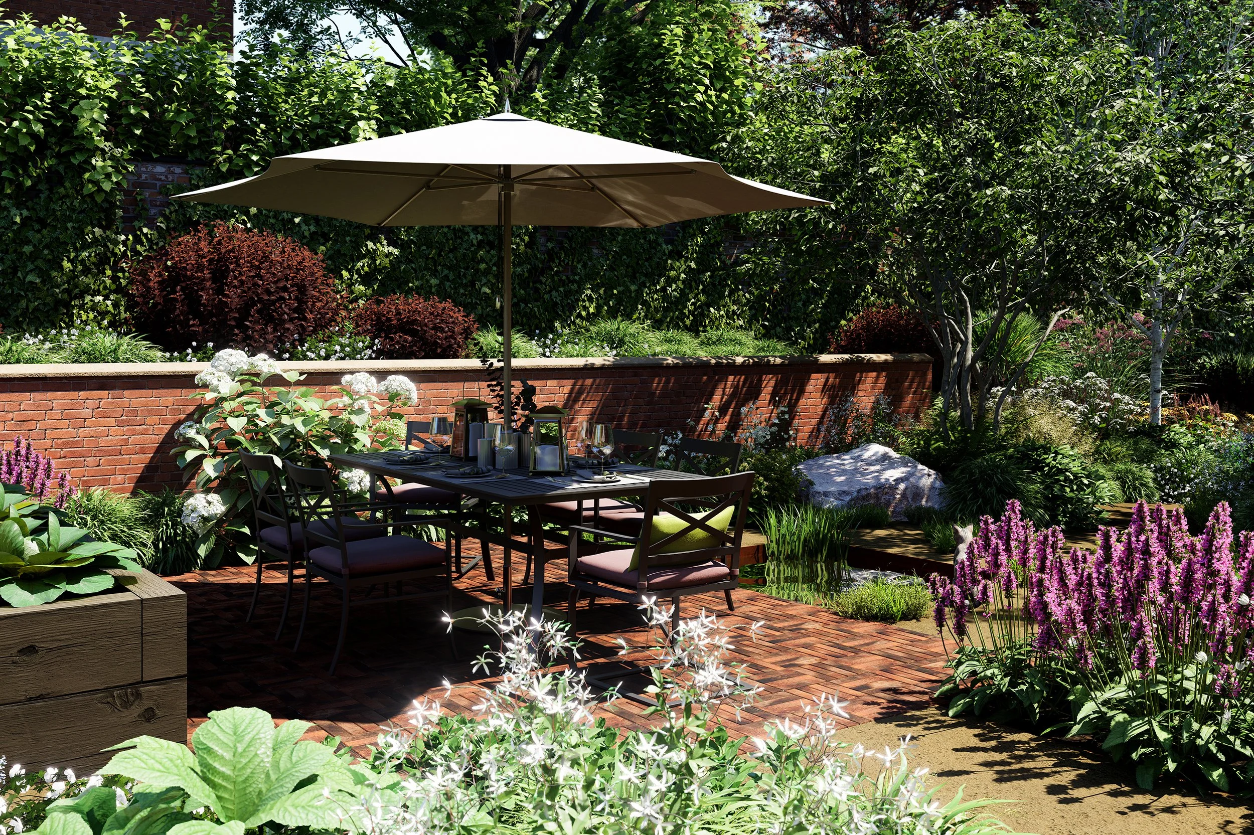 Garden design blending formal brick retaining walls with naturalistic planting in Mapperley Park, Nottingham to soften level changes within a large period garden.