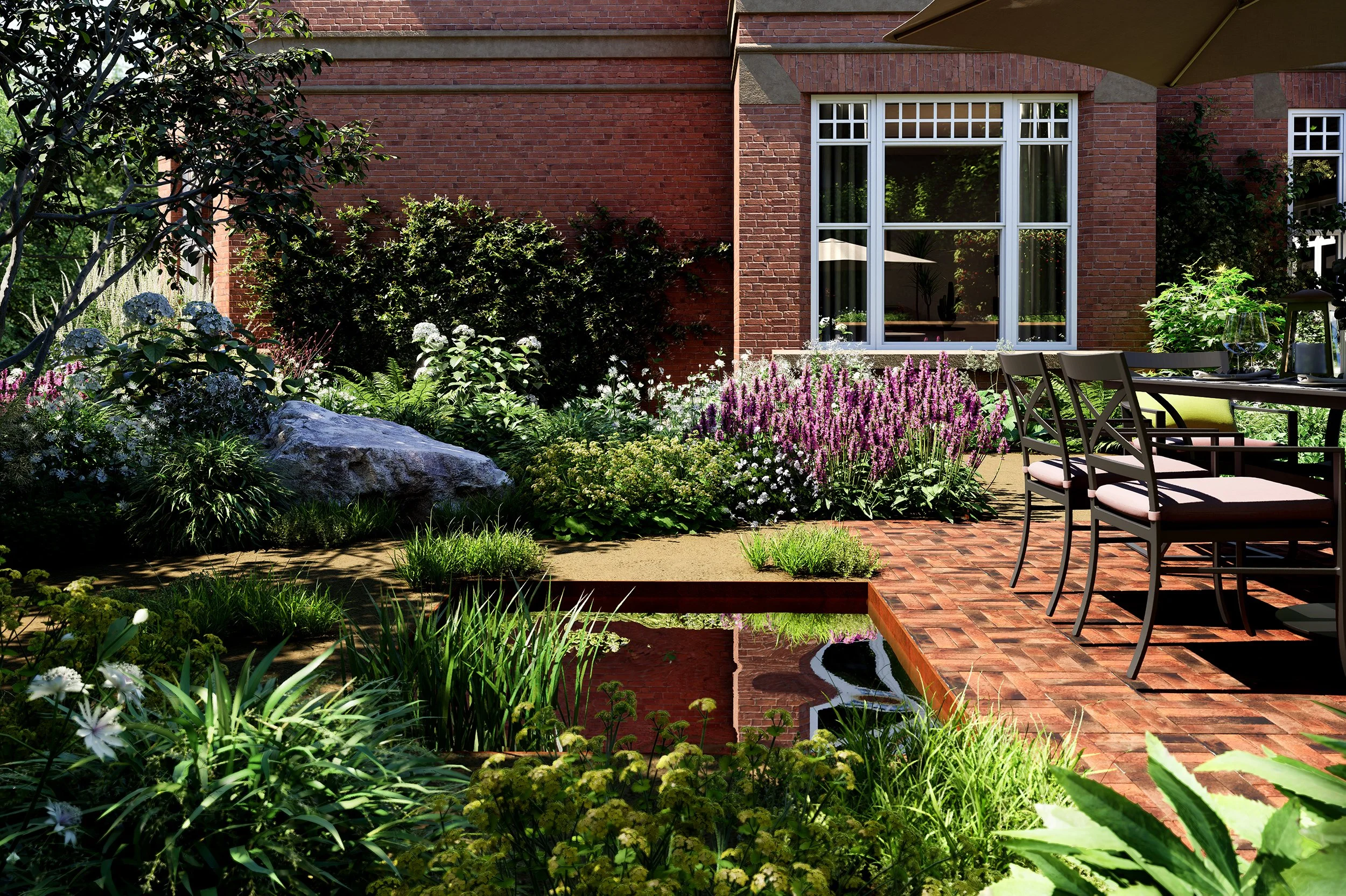 Naturalistic pond garden in Mapperley Park, Nottingham with brick terrace detailing, reflective water feature and layered planting creating a calm, immersive outdoor dining space.