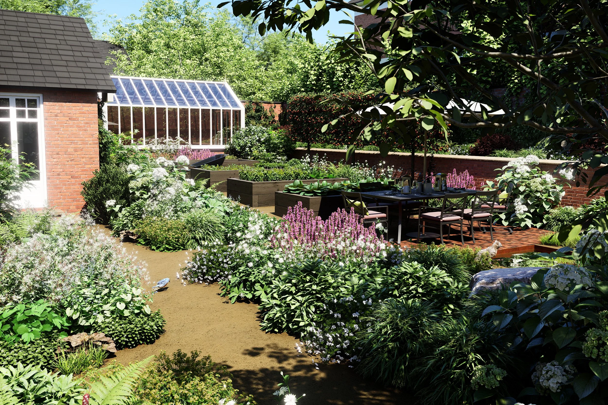 Victorian garden design in Mapperley Park, Nottingham featuring raised timber vegetable beds, a traditional greenhouse and self-binding gravel paths framed by lush planting.