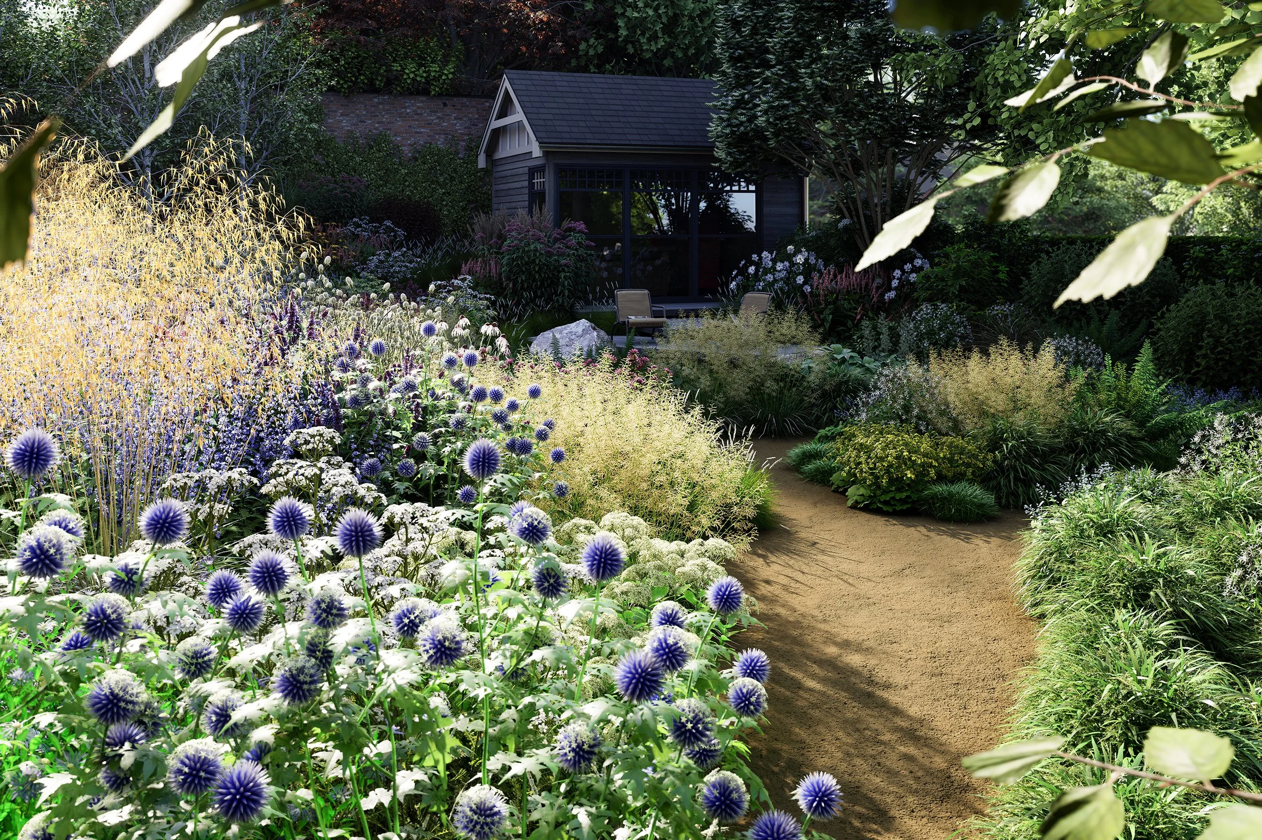 Naturalistic garden design in Mapperley Park, Nottingham featuring a timber workshop framed by layered perennial planting, flowing self-binding gravel paths and informal seating areas.