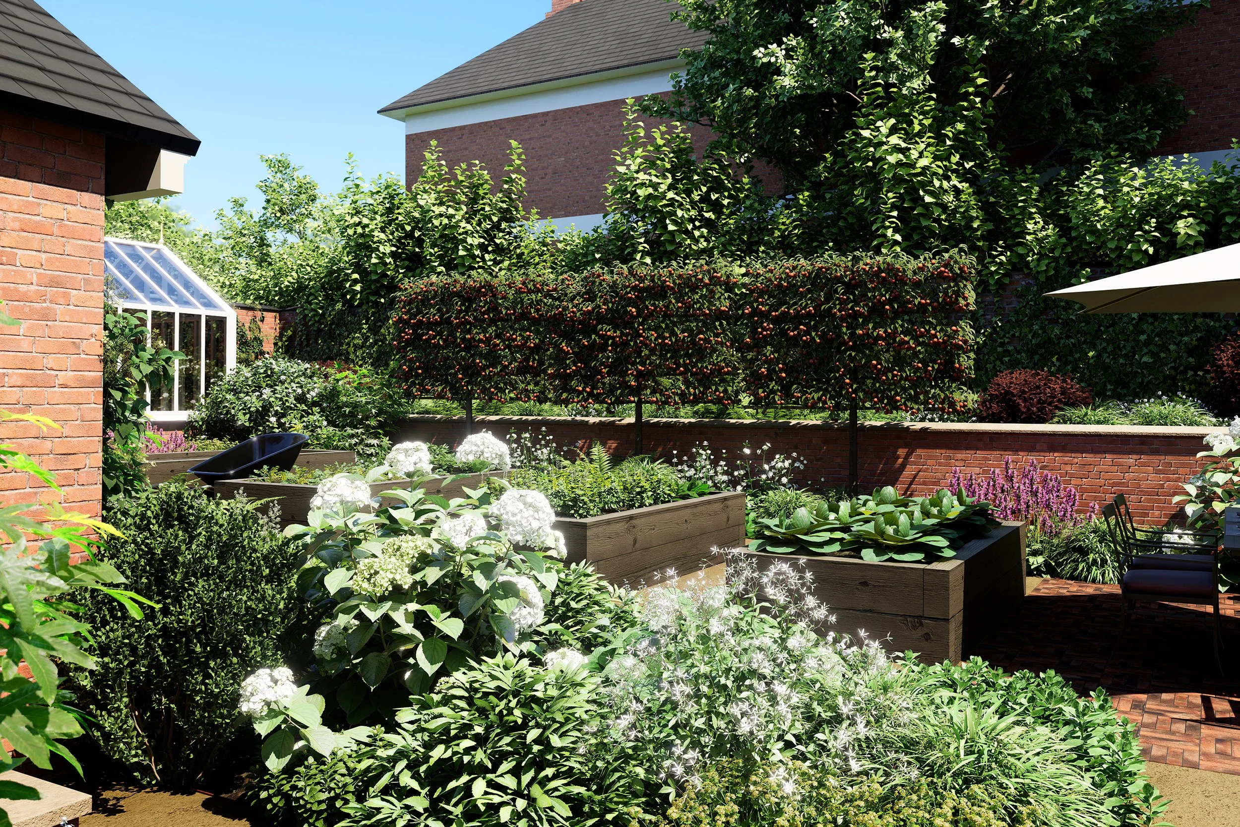Productive garden design in Mapperley Park featuring raised timber vegetable beds, fruit trees and ornamental planting integrated into a period garden setting.