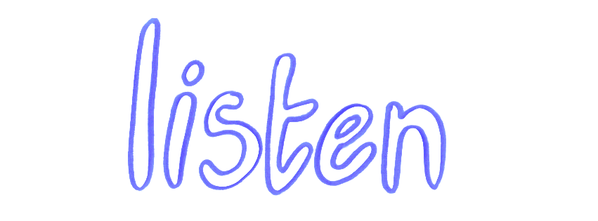 Neon sign with the word "listen" written in purple cursive letters.