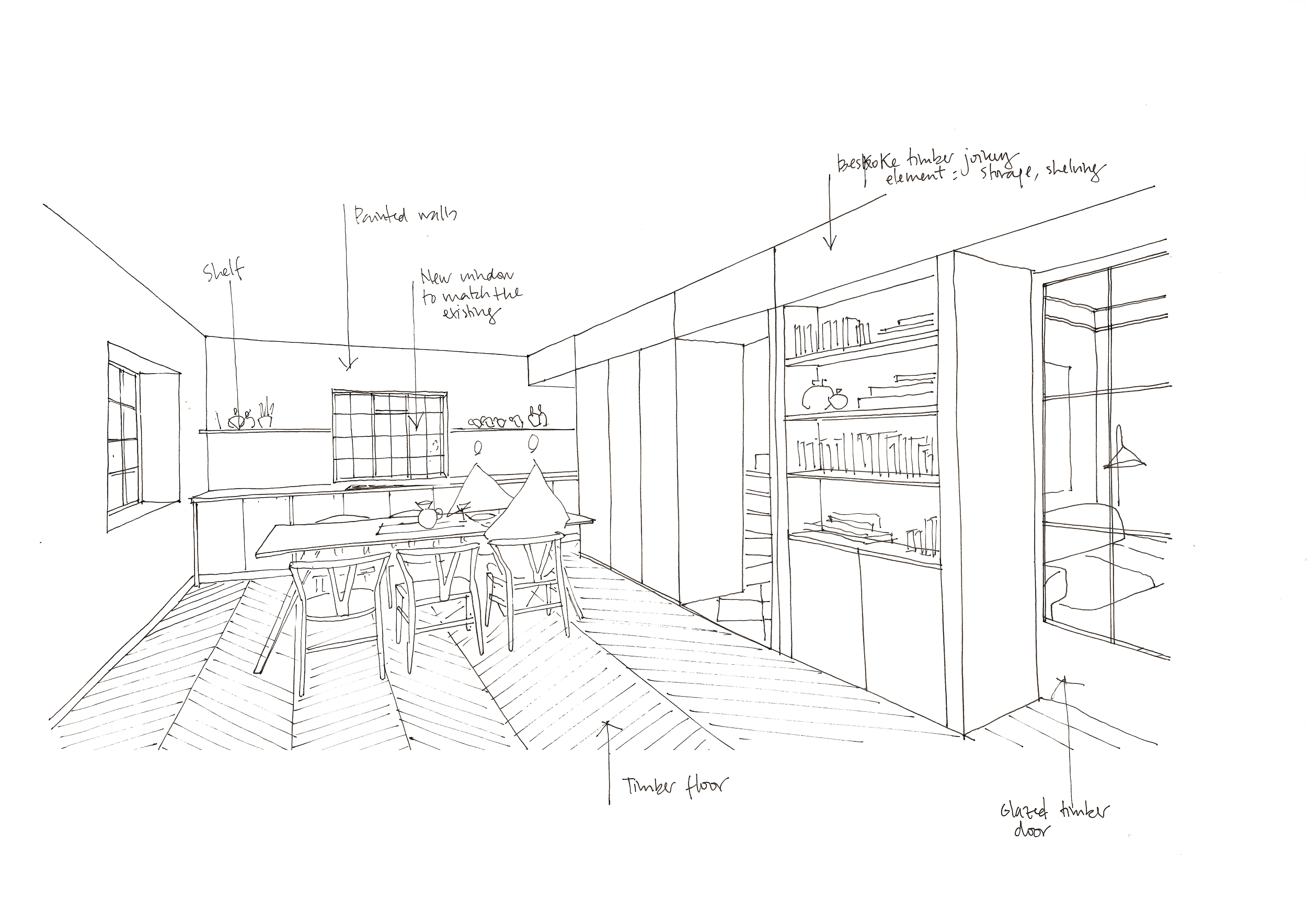 Concept sketches of the proposed design allow client visualisation of this deep retrofit to an Arts and Crafts project in the Hampstead Garden Suburb Conservation Areav - Rees Architects