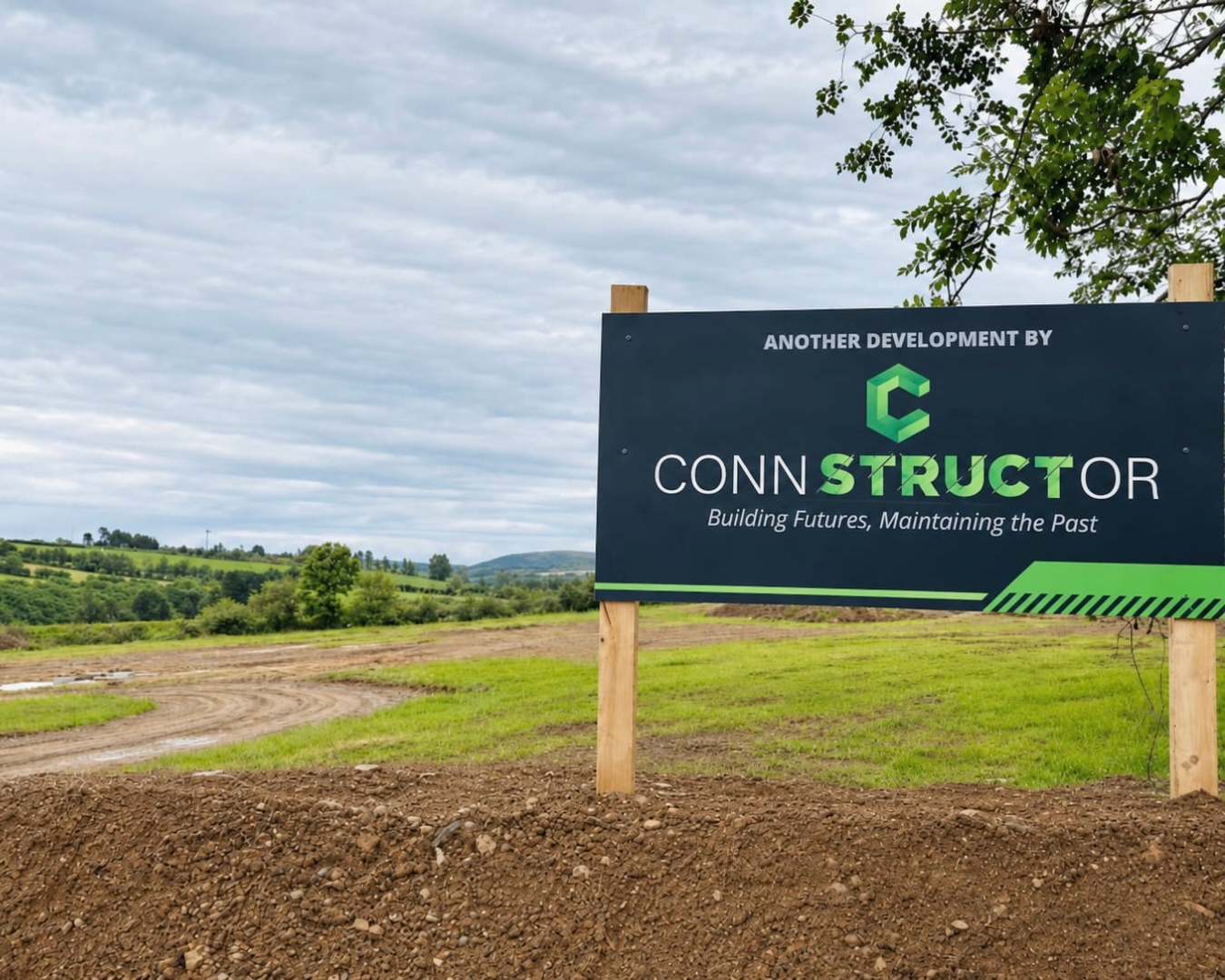 A large sign at a construction site reads "CONNSTRUCTR" with the tagline "Building Futures, Maintaining the Past." The sign is on a grassy field with a dirt path, trees, rolling hills, and a cloudy sky in the background.