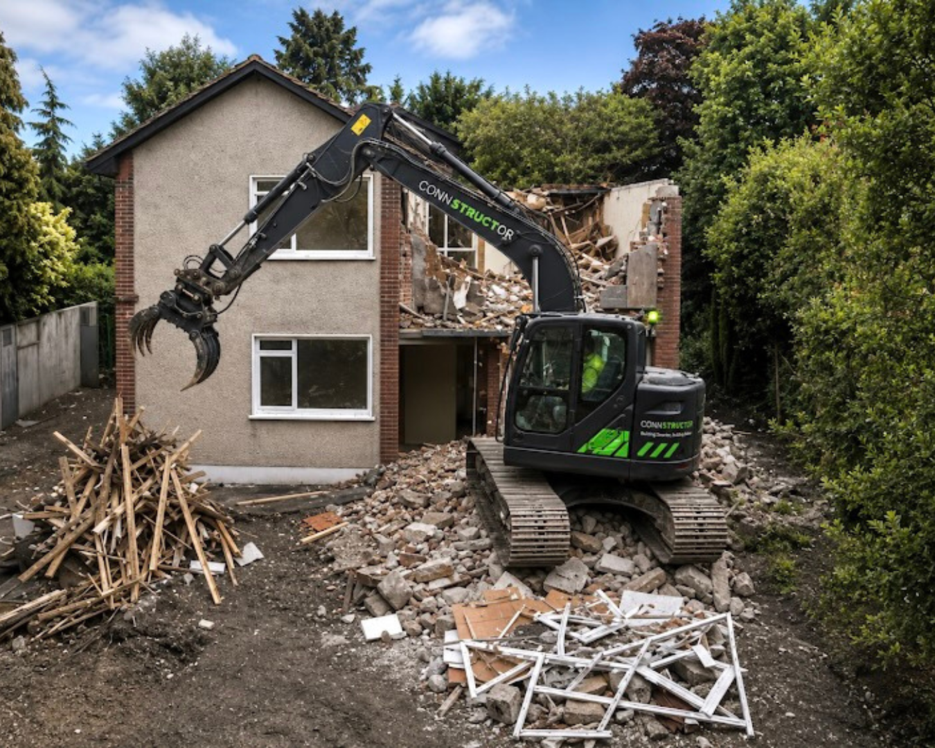 Excavator demolishing a two-story house with debris scattered around, surrounded by trees and a concrete fence on the left.