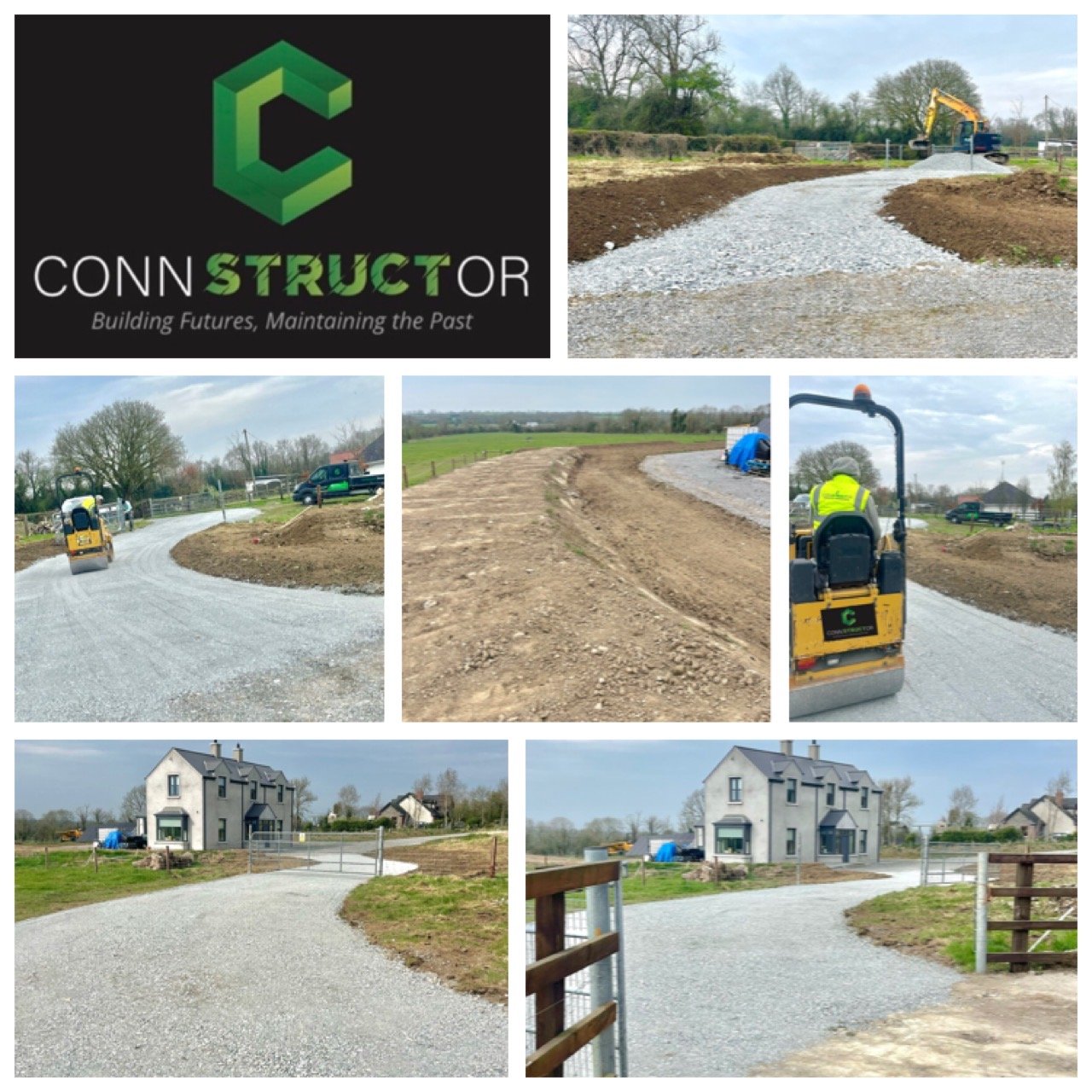 Collage of construction site images showing gravel road construction, heavy machinery, and completed gravel driveway leading to houses.