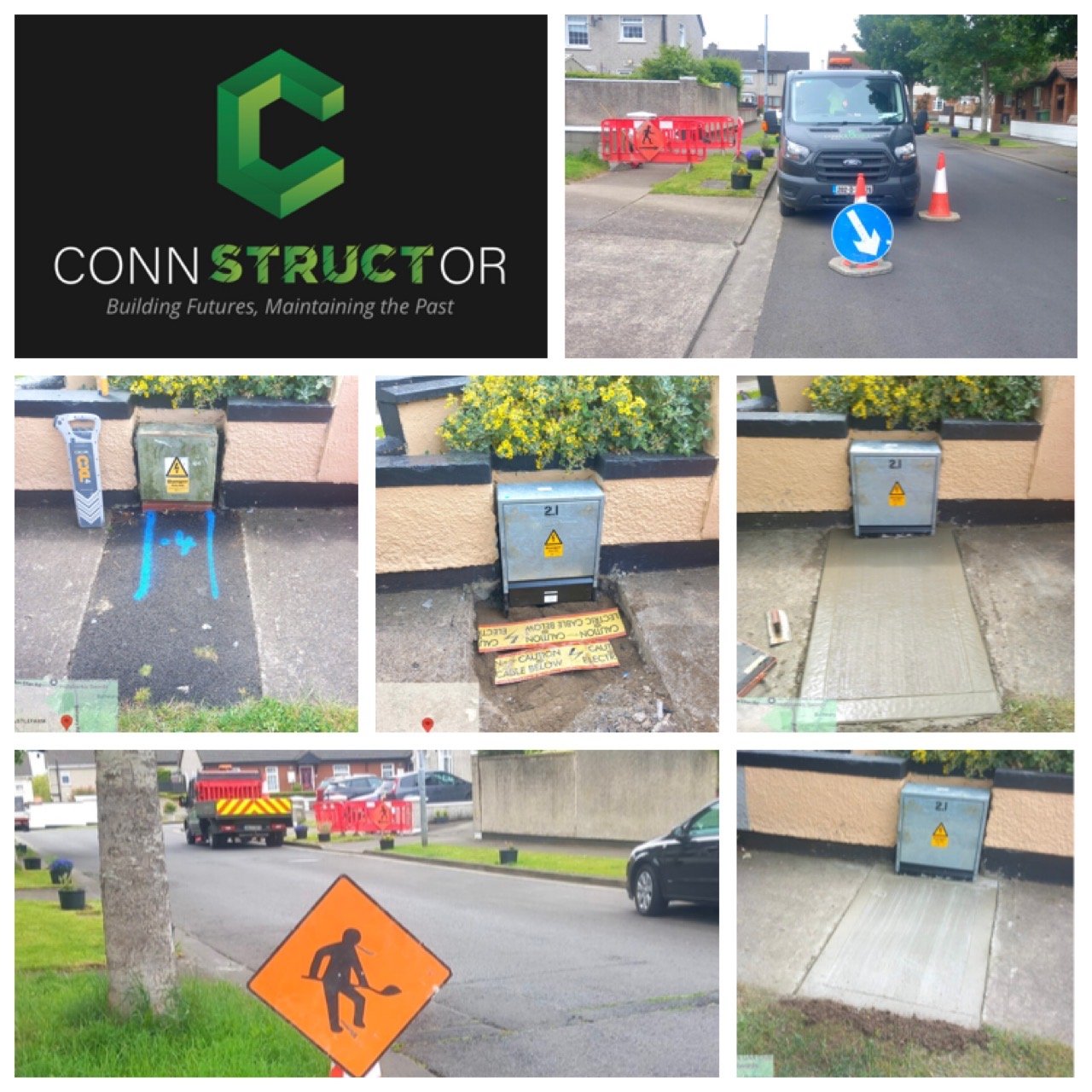 A collage of construction and roadwork scenes, including safety signs, construction barriers, utility boxes, and roadwork equipment.
