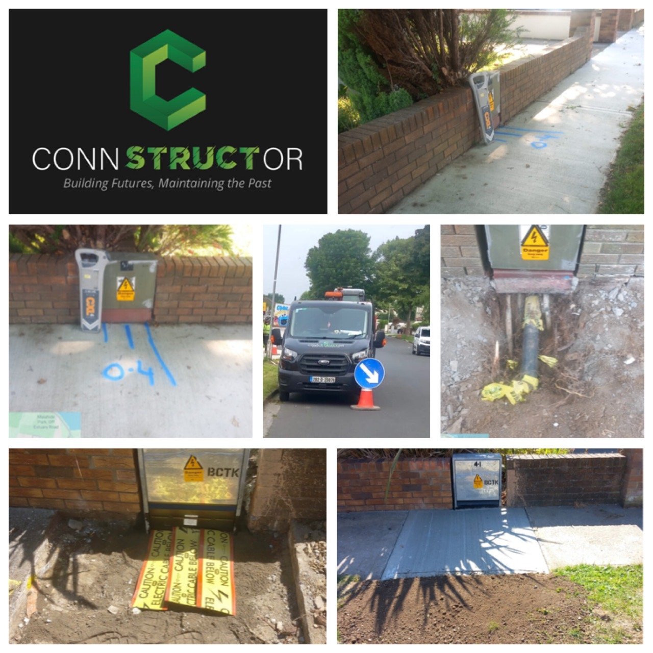 Logo for CONNSTRUCT-OR with the tagline "Building Futures, Maintaining the Past." Series of images showing electrical work and infrastructure repairs, including electric boxes, concrete sidewalks, a parked utility truck with traffic cones, ground excavation with underground cables, and warning signs indicating electrical hazards.