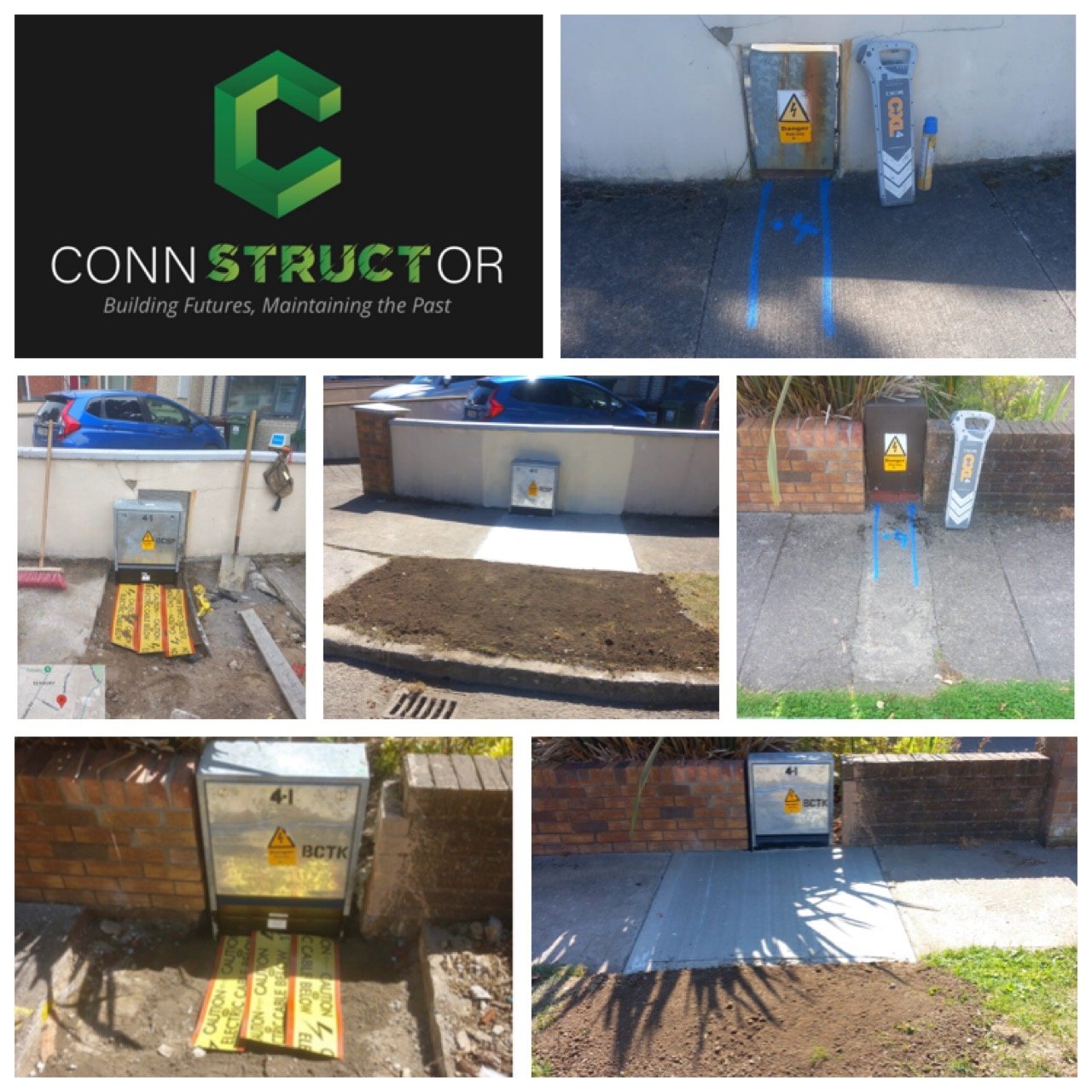 Collage of images showing utility box covers and road markings with blue lines indicating utility lines for construction or maintenance work.